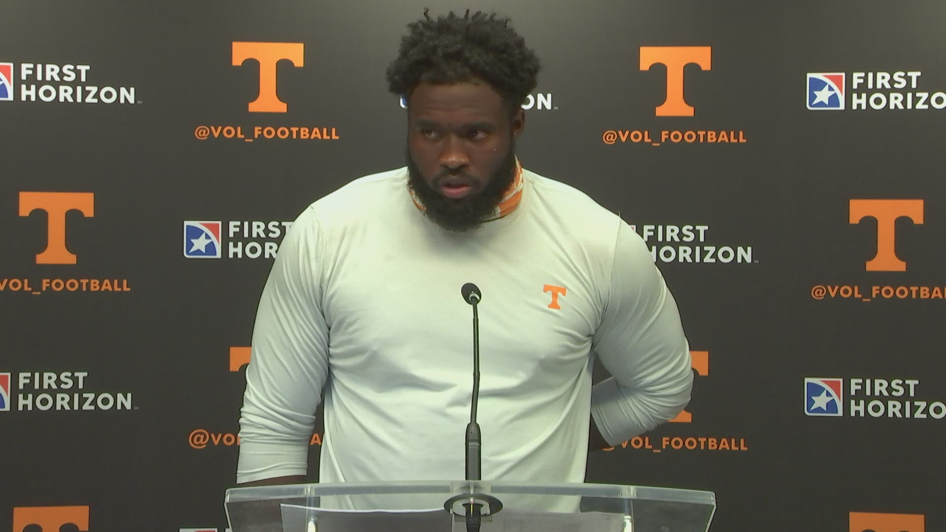 Defensive lineman Matthew Butler speaks with the media after Tennessee's 48-17 loss to Alabama.