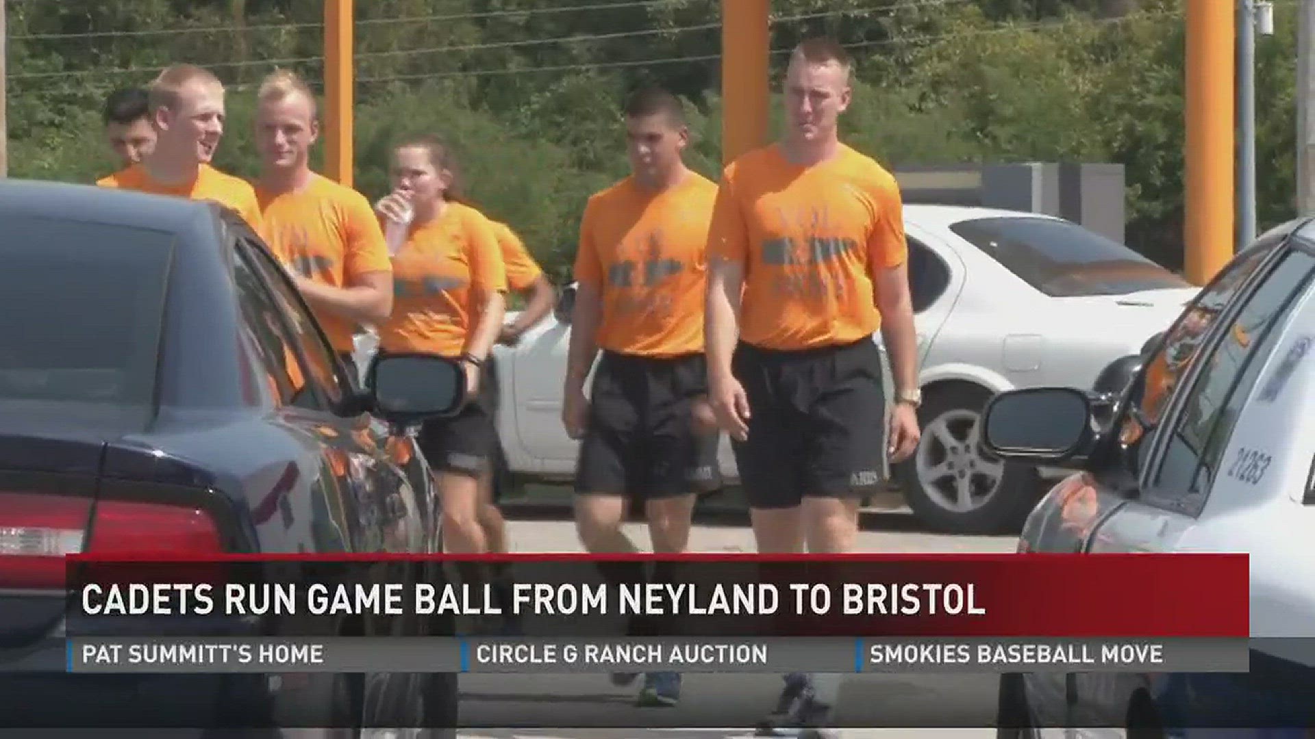 University of Tennessee Army Cadets take a break after trekking nearly 90 miles to take the game ball from Neyland Stadium to the Bristol Motor Speedway (10 p.m. 9-9-16)