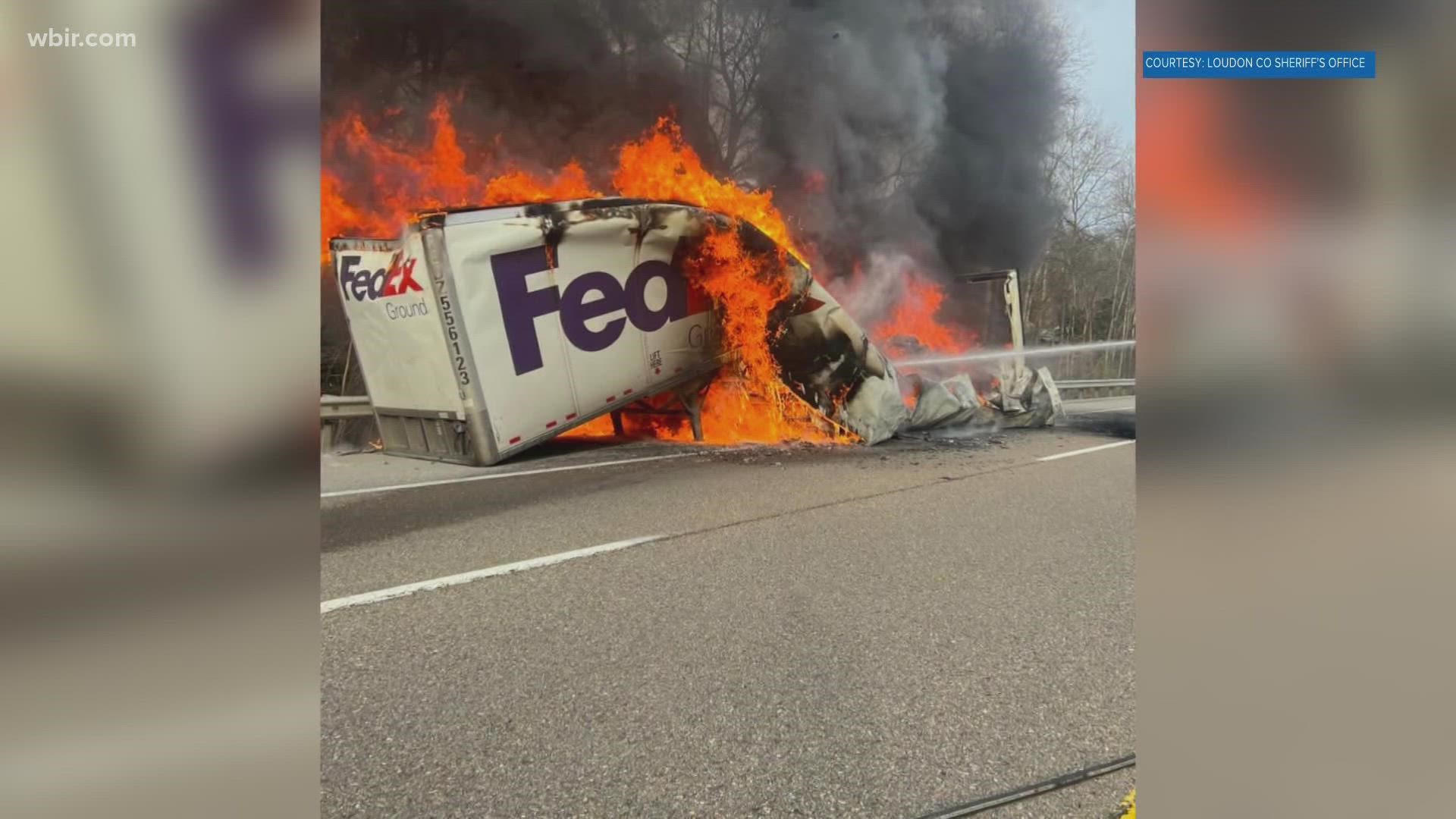 The LCSO said it could take "a while" before the westbound side of the interstate can reopen after a fully loaded FedEx trailer burst into flames.