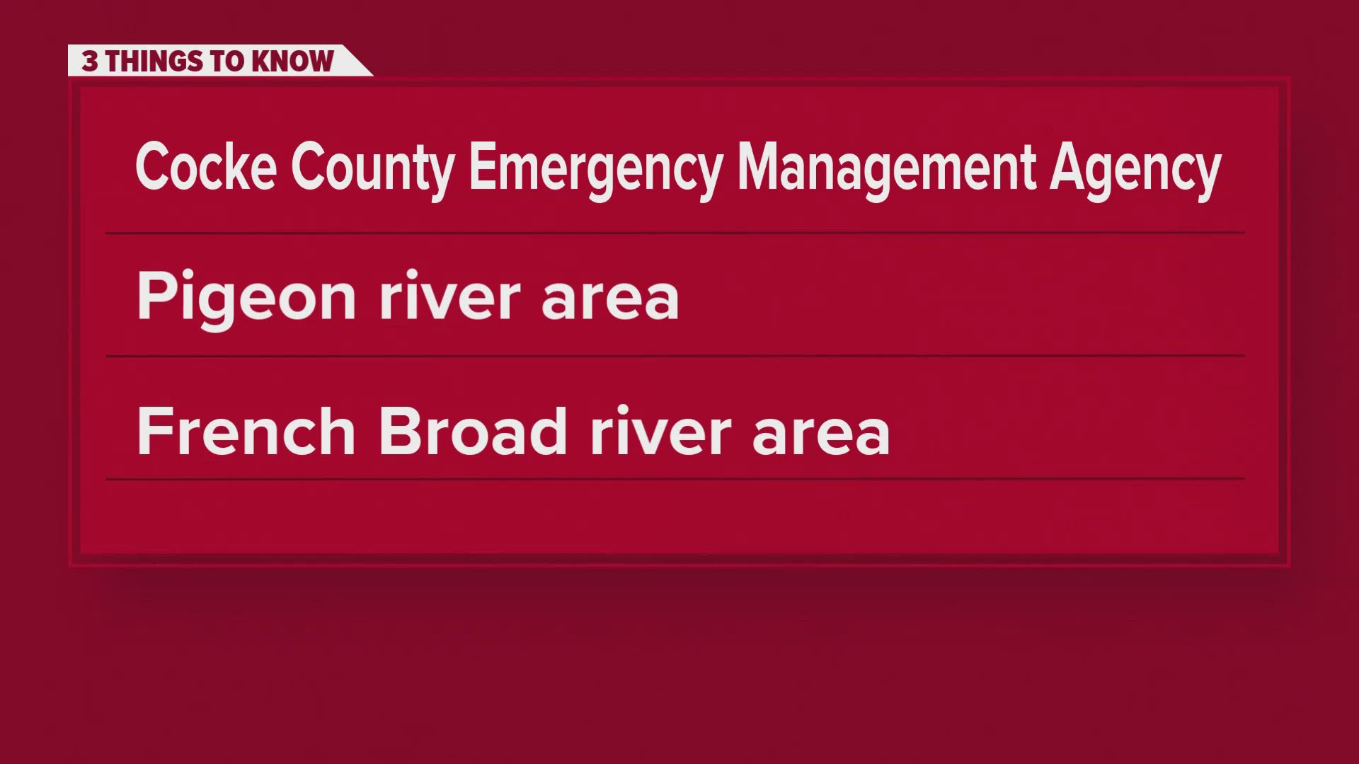 The Pigeon River in Cocke County has reached a major flood stage and is at 16 feet. It's risen four feet in three hours.