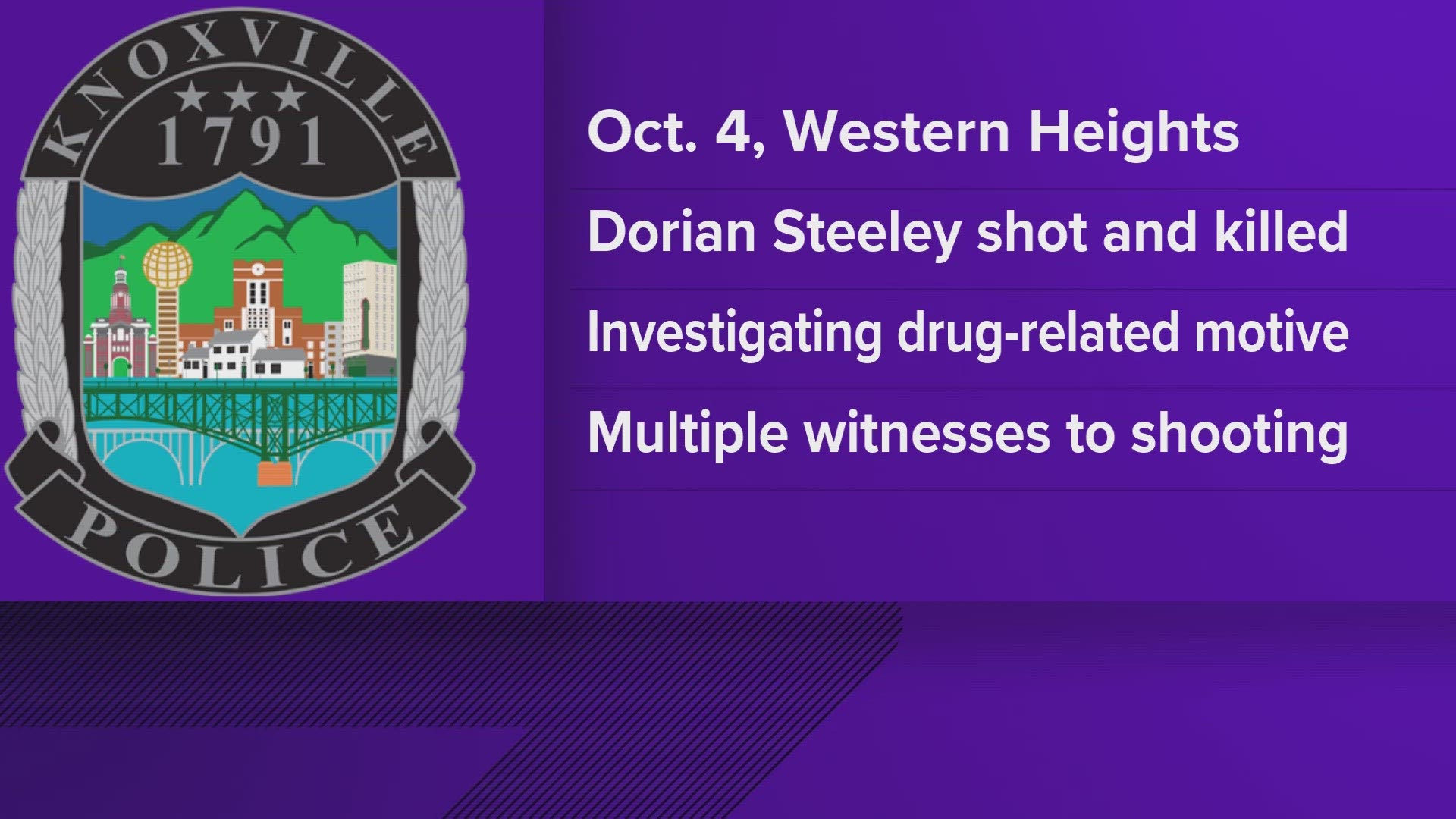 Dorian Steeley was taken to the University of Tennessee Medical Center in a personal vehicle. He died at the hospital, according to the Knoxville Police Department.