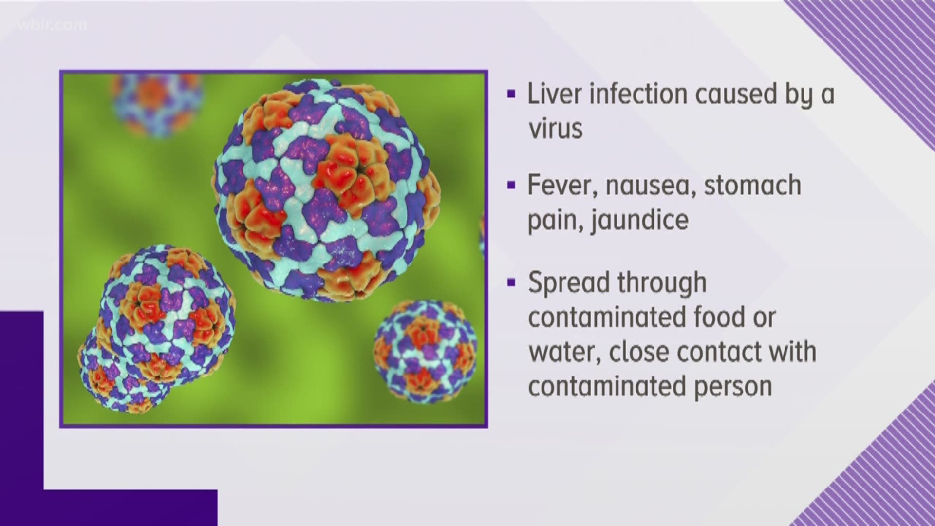 Hepatitis A is a liver infection caused by a virus that causes fever, nausea, vomiting, abdominal pain, dark urine, and a yellowing of the eyes and skin known as jaundice.