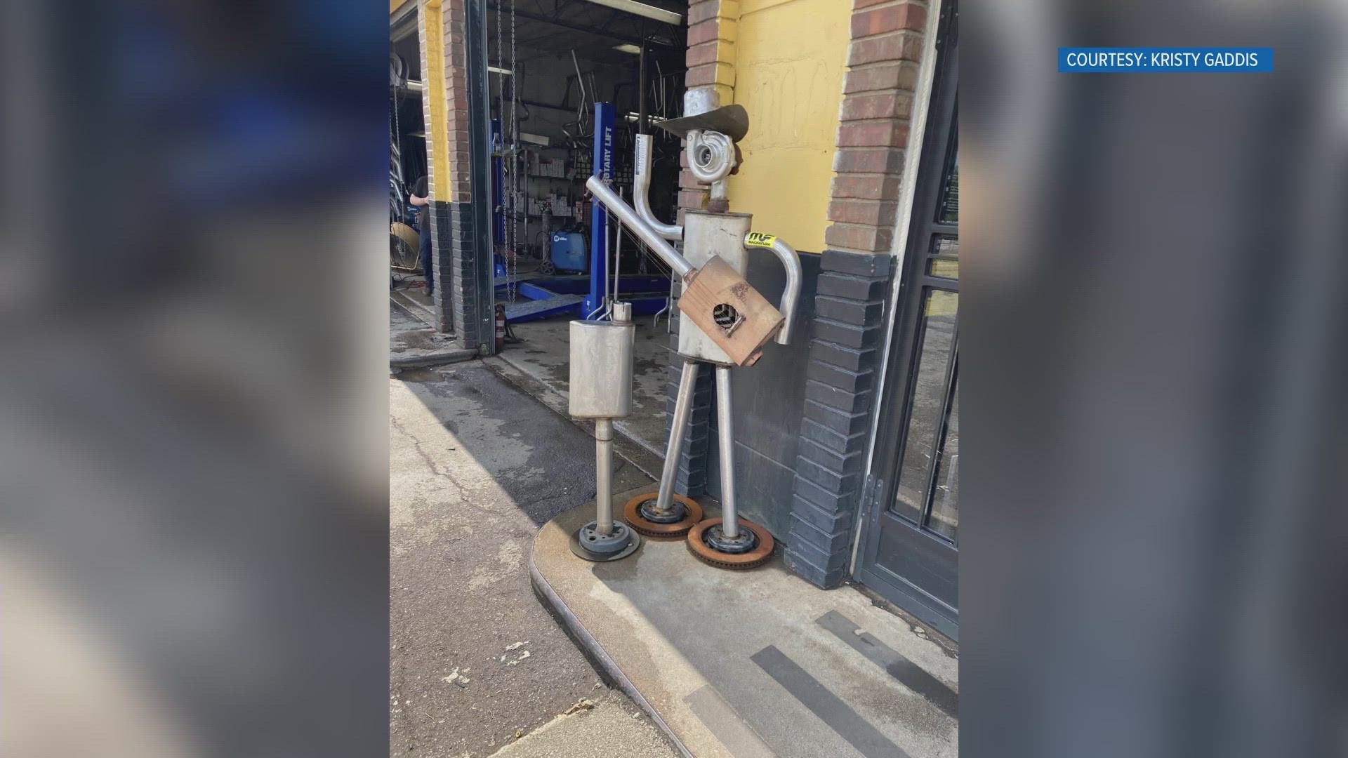 The owner of the body shop said Muffler Man weighed up to 80 lbs. and was made out of scrap car parts.