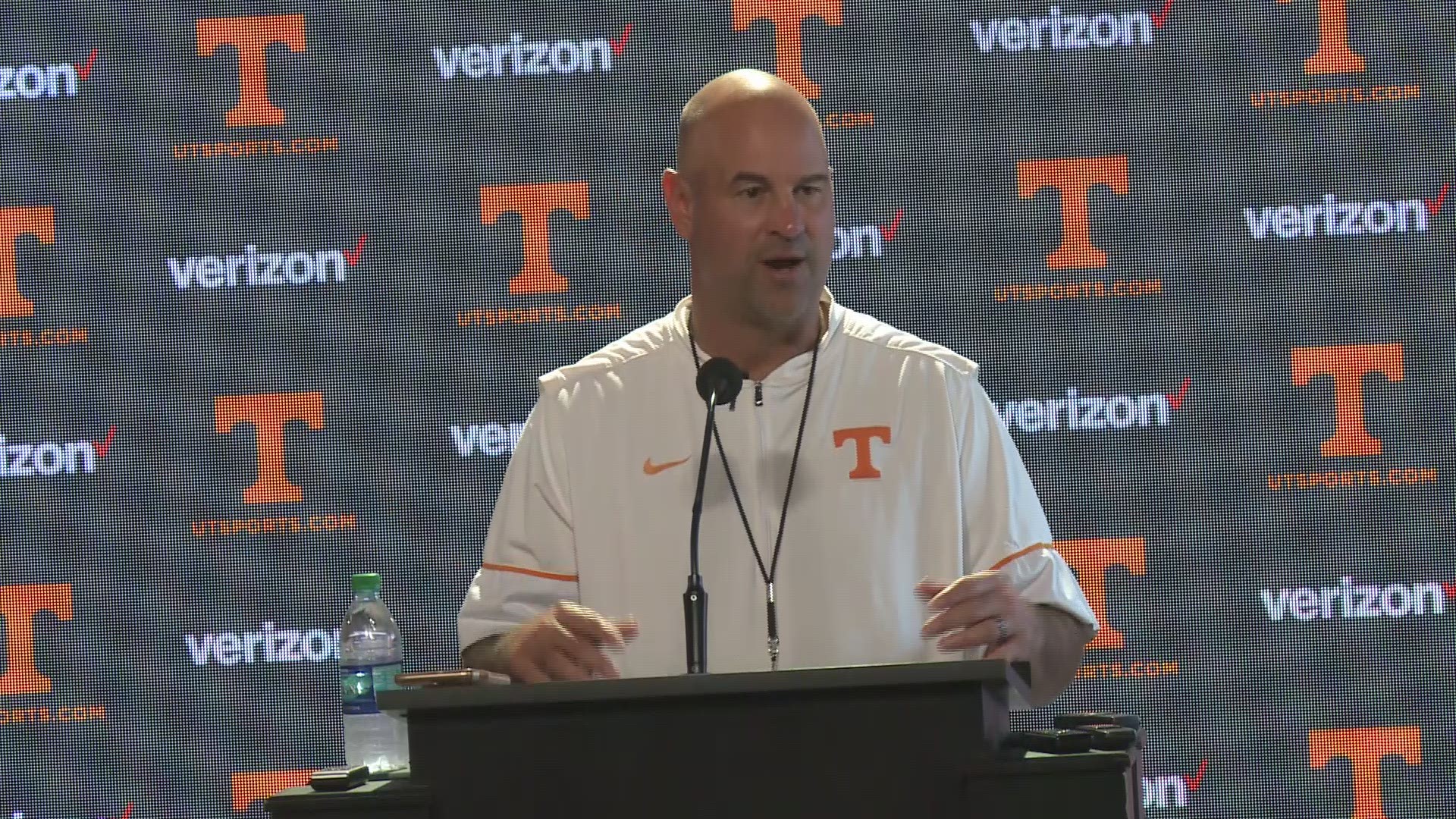 Jeremy Pruitt talks to the media on Thursday August 9. The Vols practiced in full pads for the first time on Wednesday afternoon and will be practicing again Thursday night.