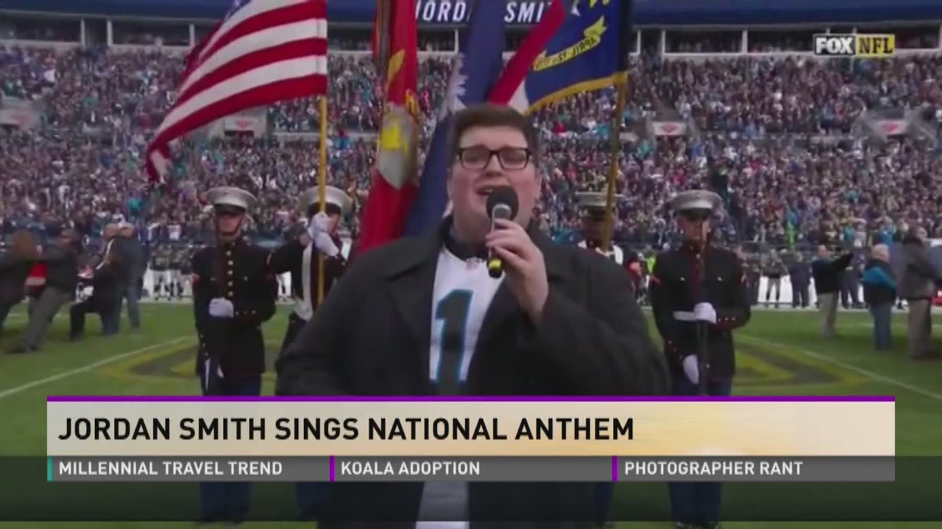 Jordan Smith sang the national anthem at the NFC playoff game between the Carolina Panthers and Seattle Seahawks on Jan. 17, 2016.