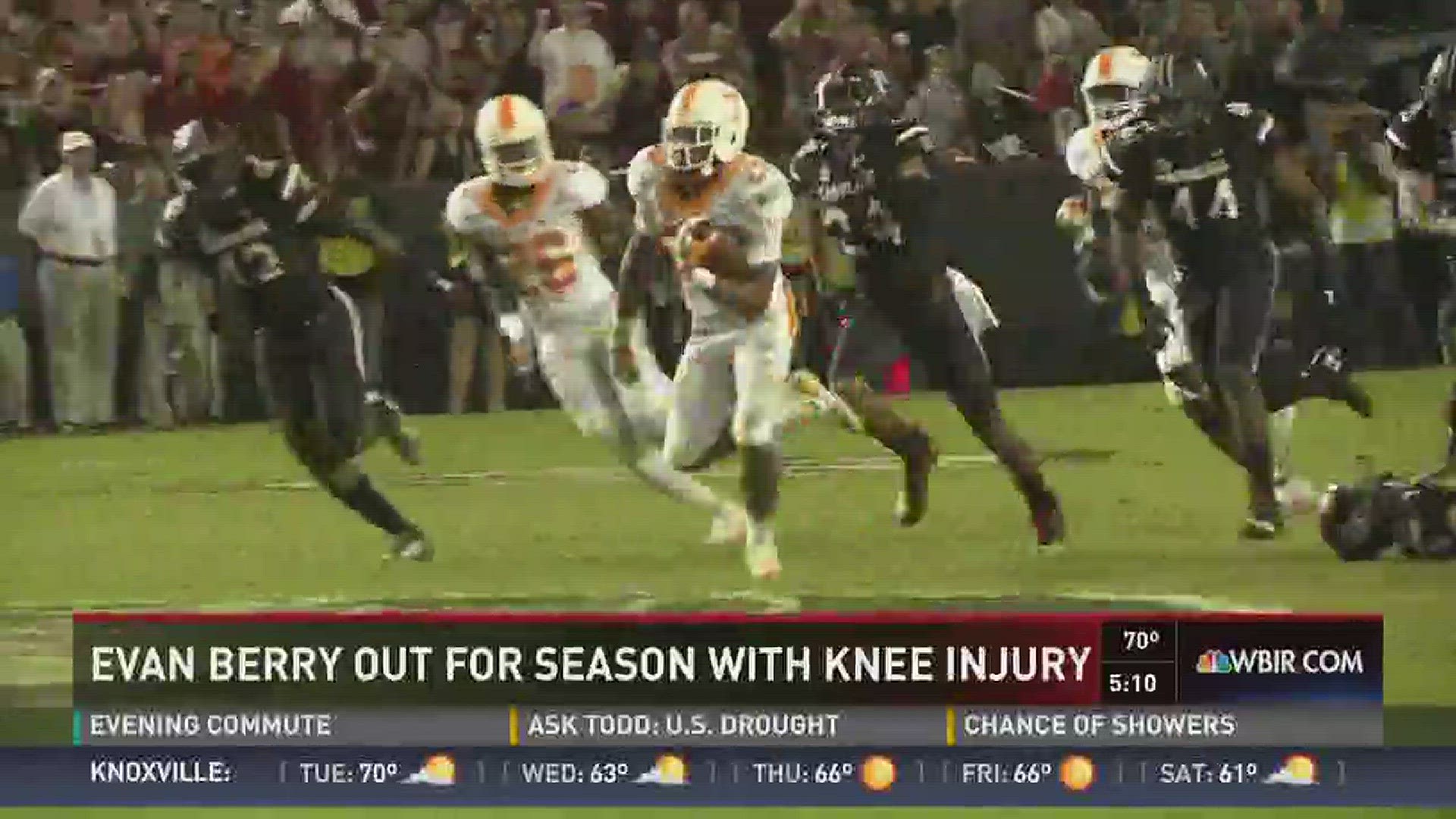 Tennessee kick returner/safety Evan Berry is out for the season with a knee injury.