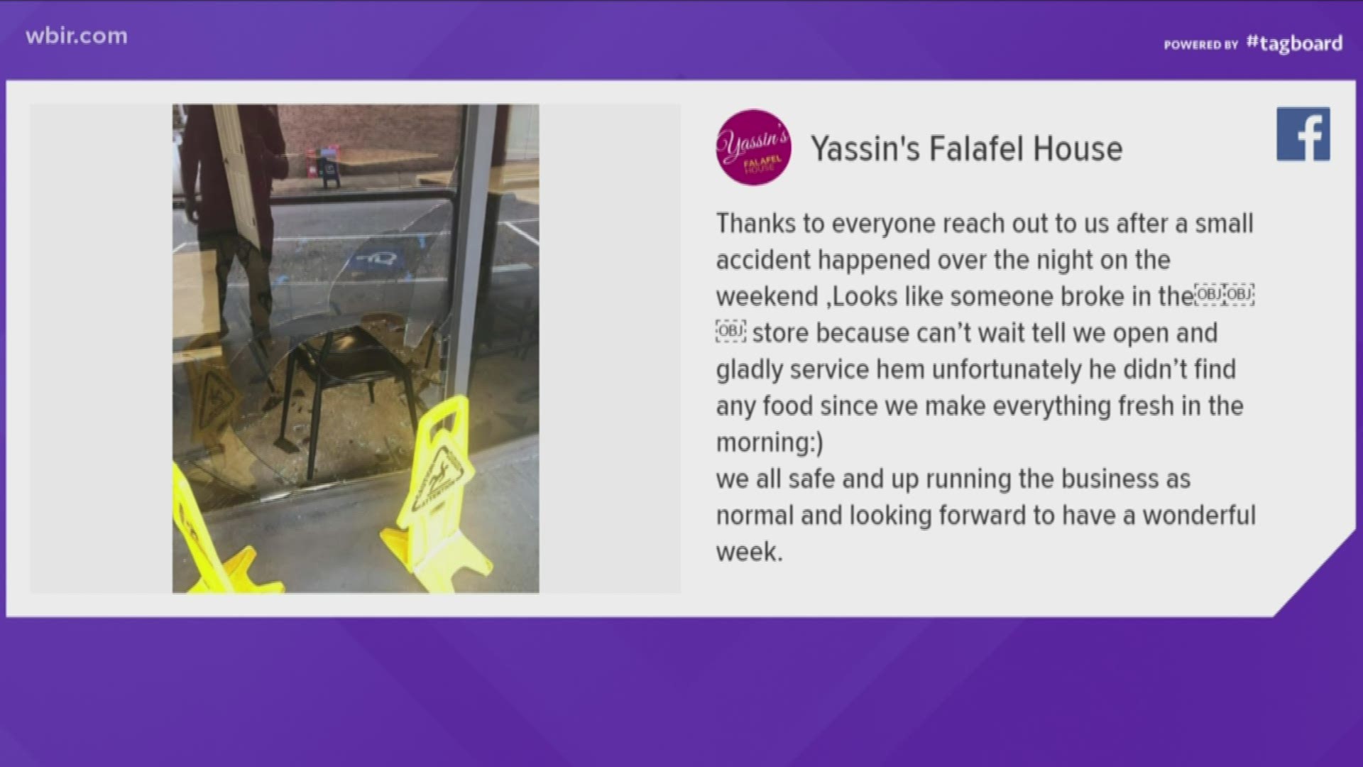 After a Sunday night break-in, Yassin's Falafel House said business is as usual -- and an investigation is underway.