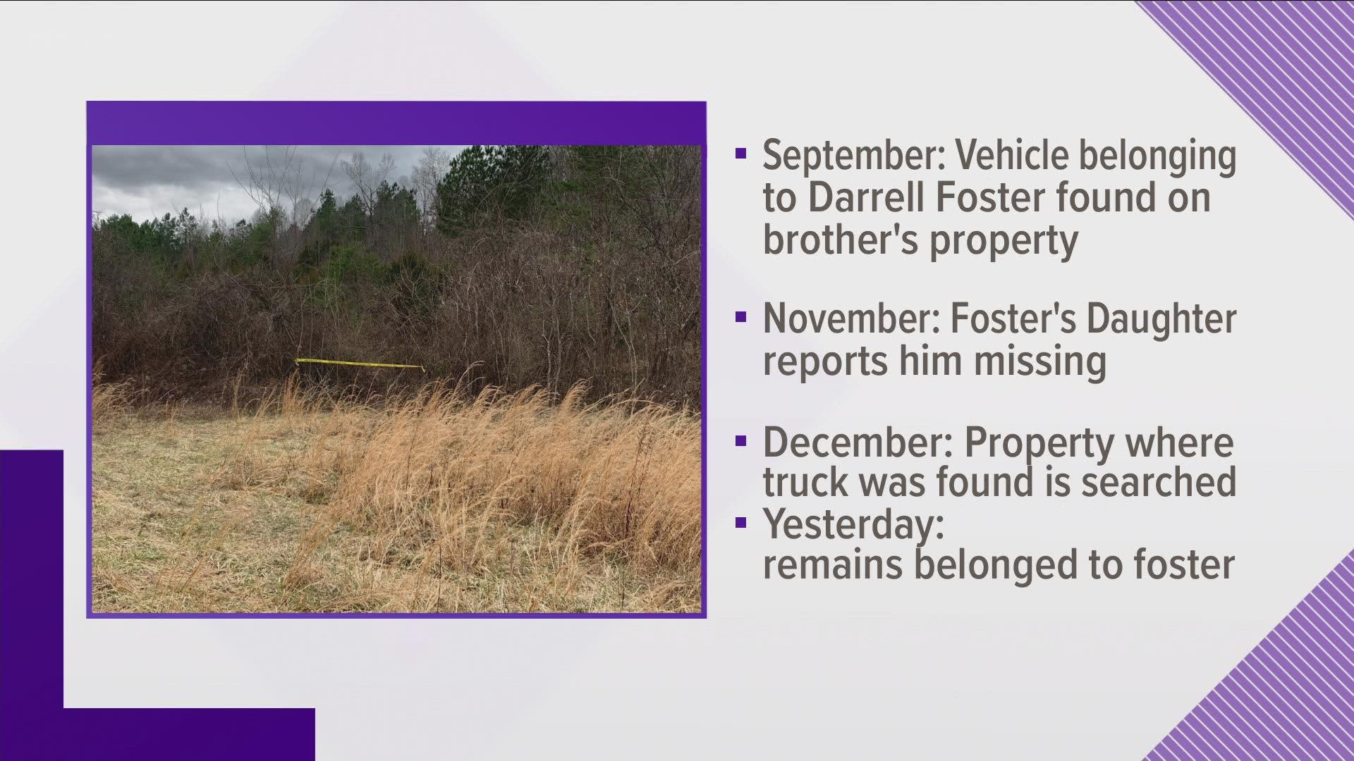 Officials said a vehicle registered to Darrell Foster was found in September 2021, and his brother said they had not seen each other in a while.