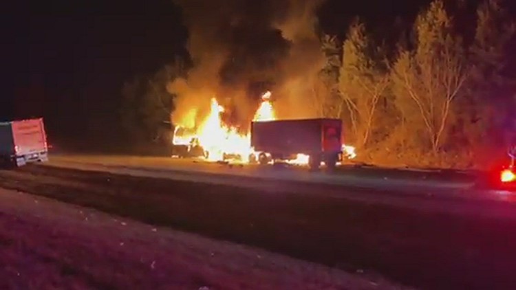 I-40 westbound traffic backed up hours after fire engulfs 2 semi-trucks, including 1 carrying tons of plywood
