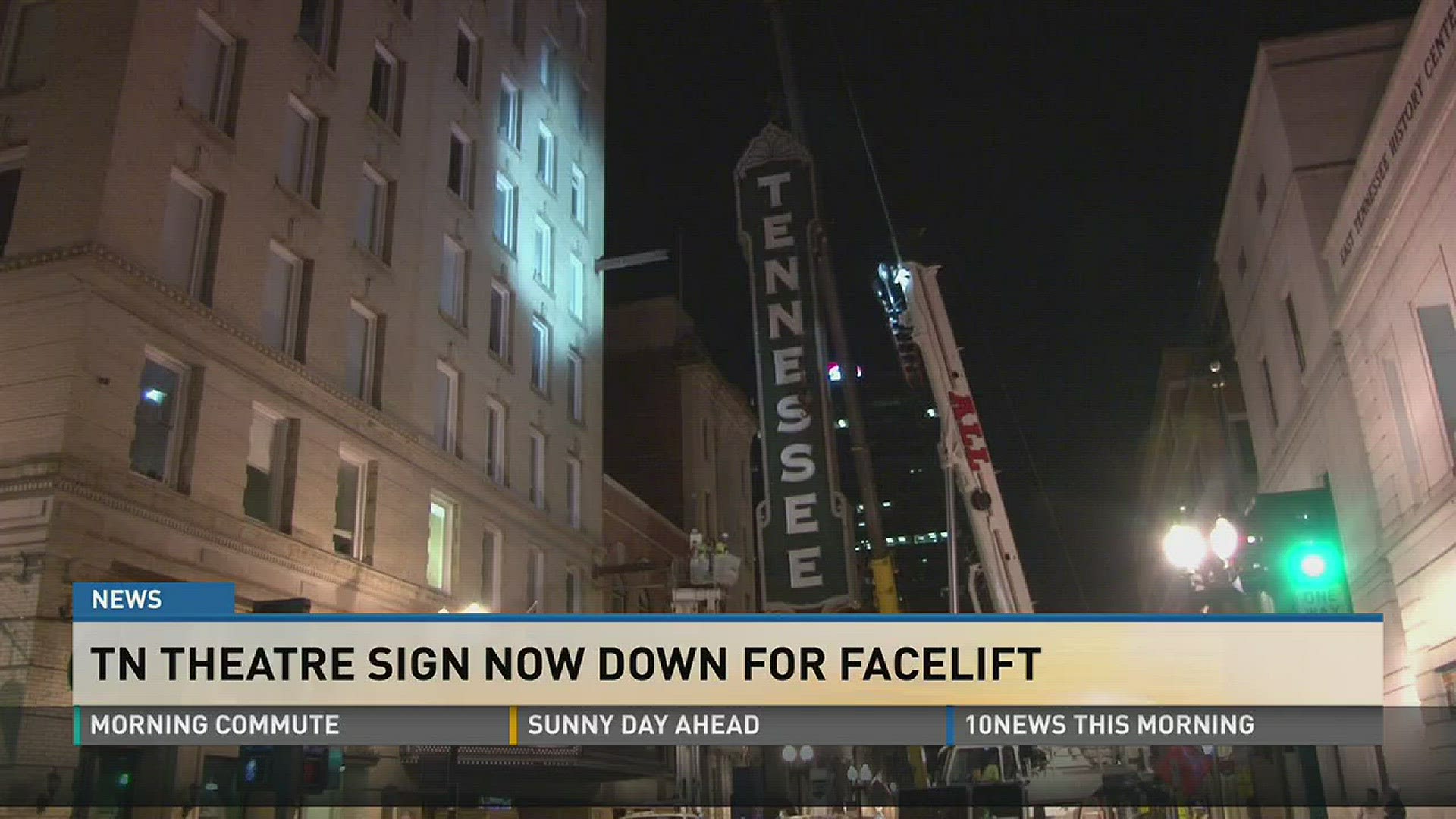 Crews are replacing 5,700 lights on the Tennessee Theatre sign with LED bulbs.