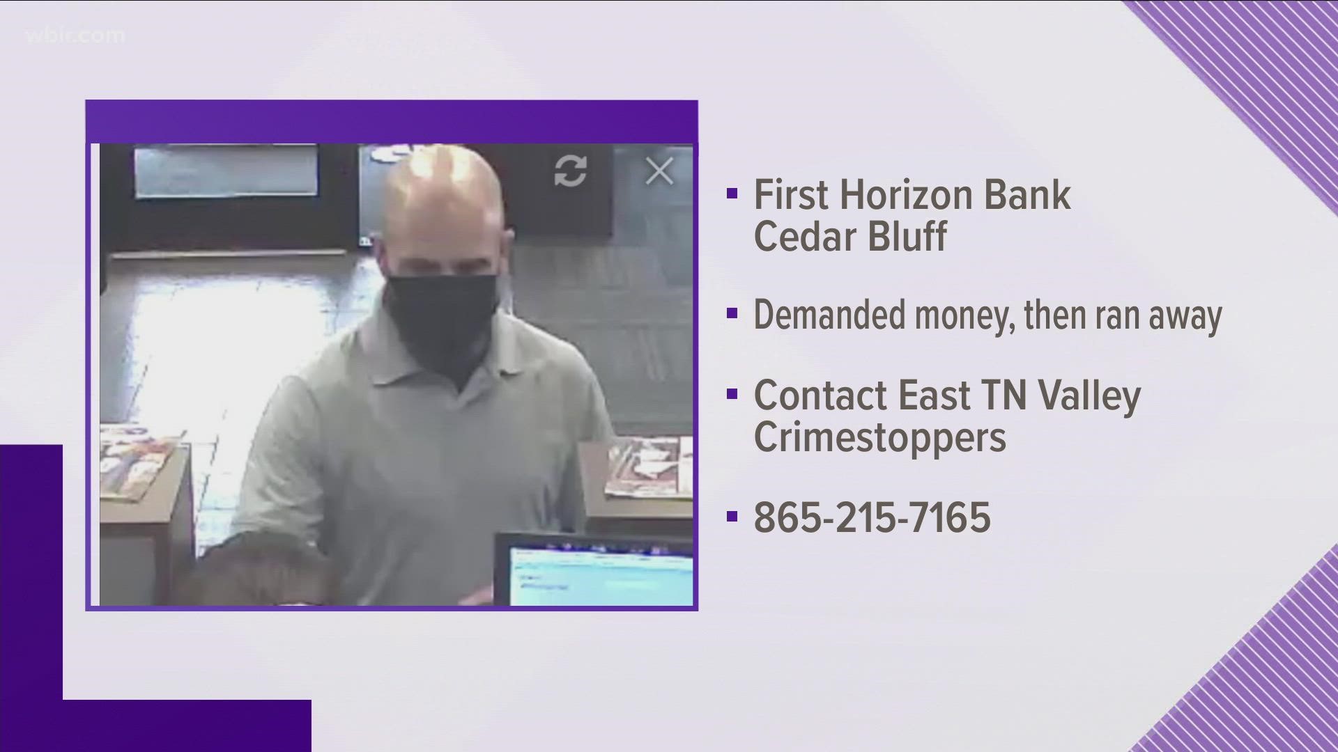 The robber struck First Horizon Bank about 3:10 p.m. Monday.
