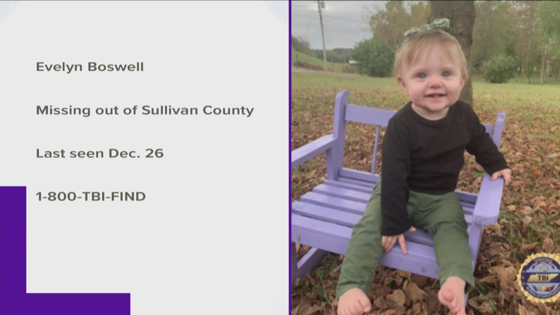 The search continues for Evelyn Boswell, the 15-month-old missing from Sullivan County.