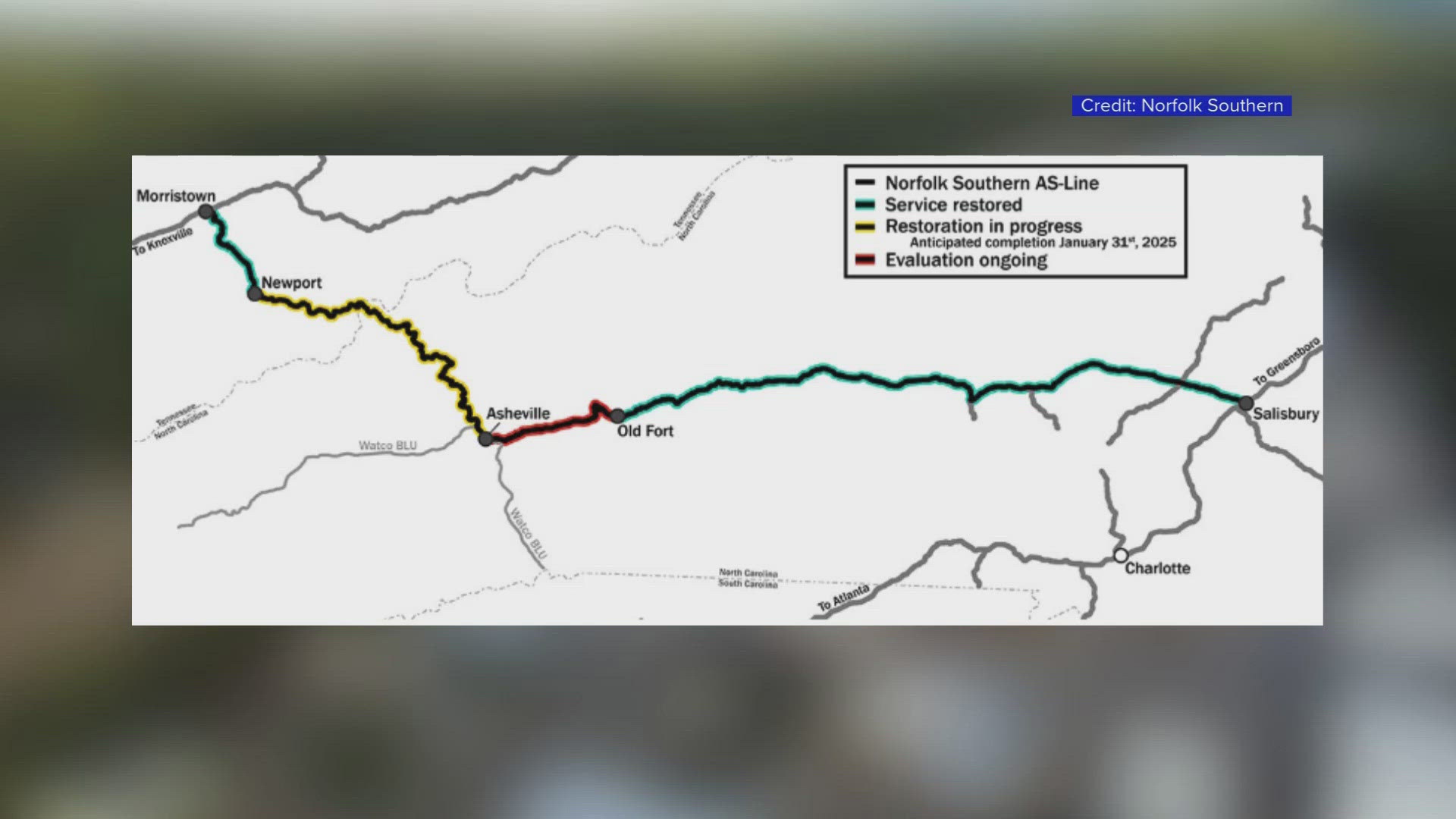 The affected railroad runs from Morristown, Tennessee, to Salisbury, North Carolina.