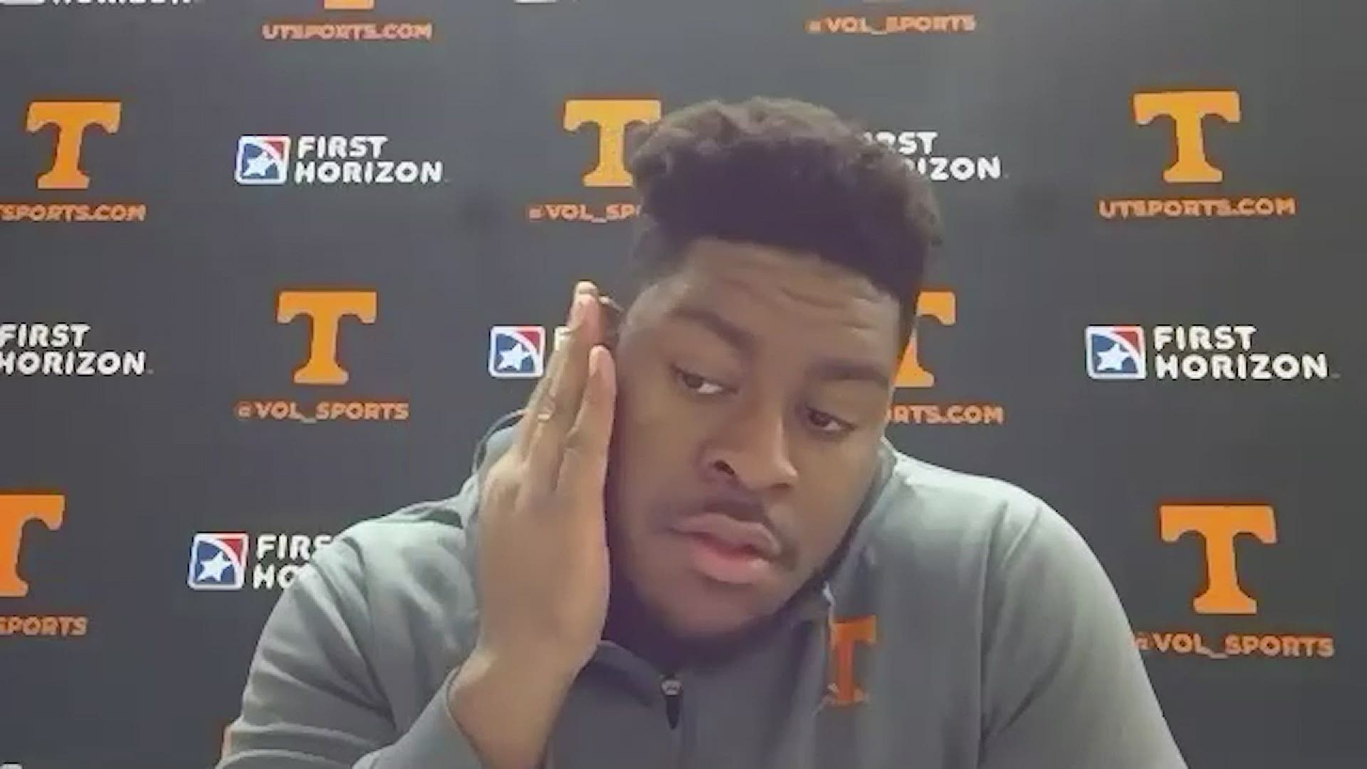 Tennessee offensive lineman Trey Smith speaks to the media after the team's 30-17 loss to No. 23 Alabama.