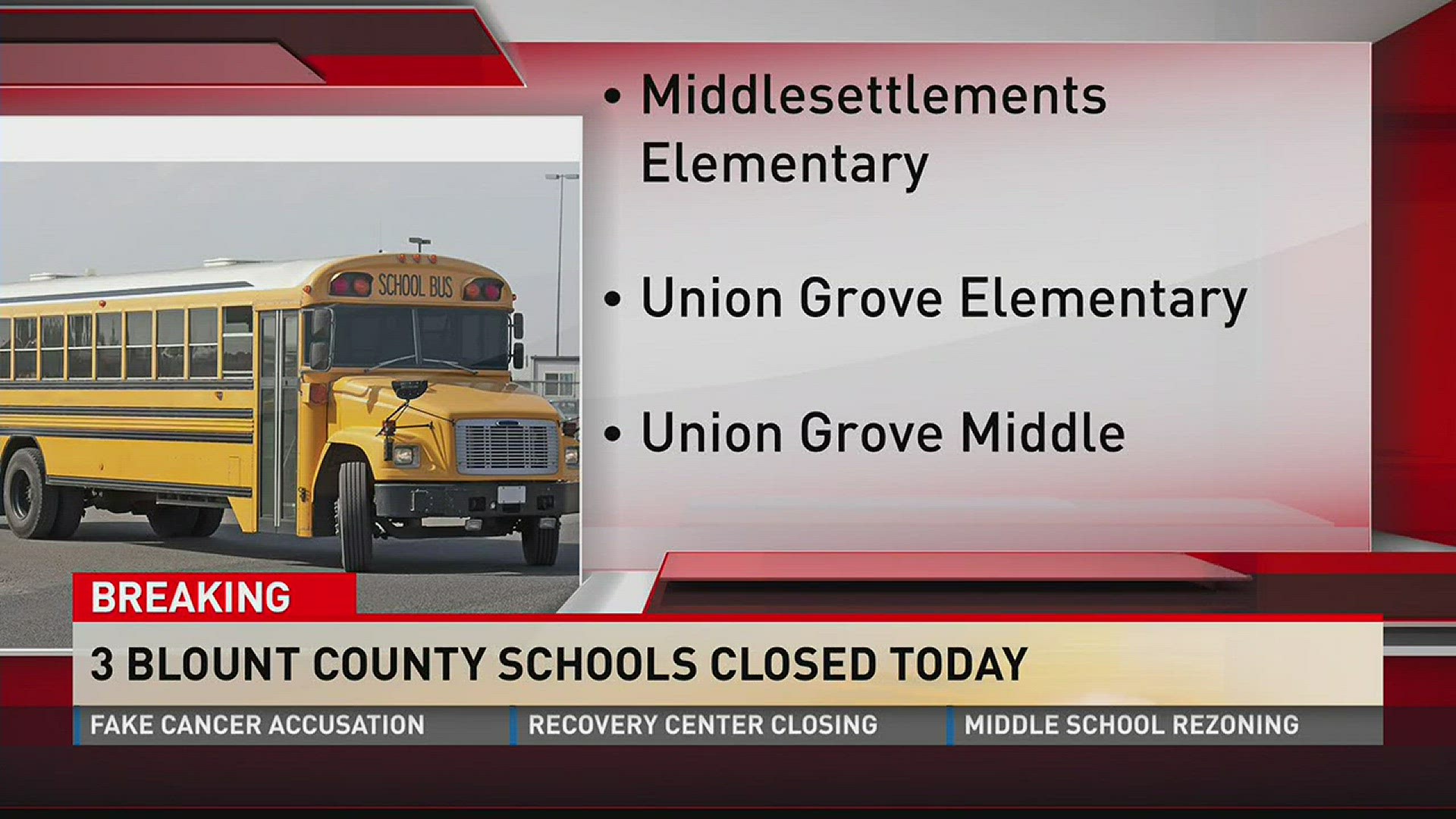 Three Blount County Schools are closed on Monday due to a water main break.