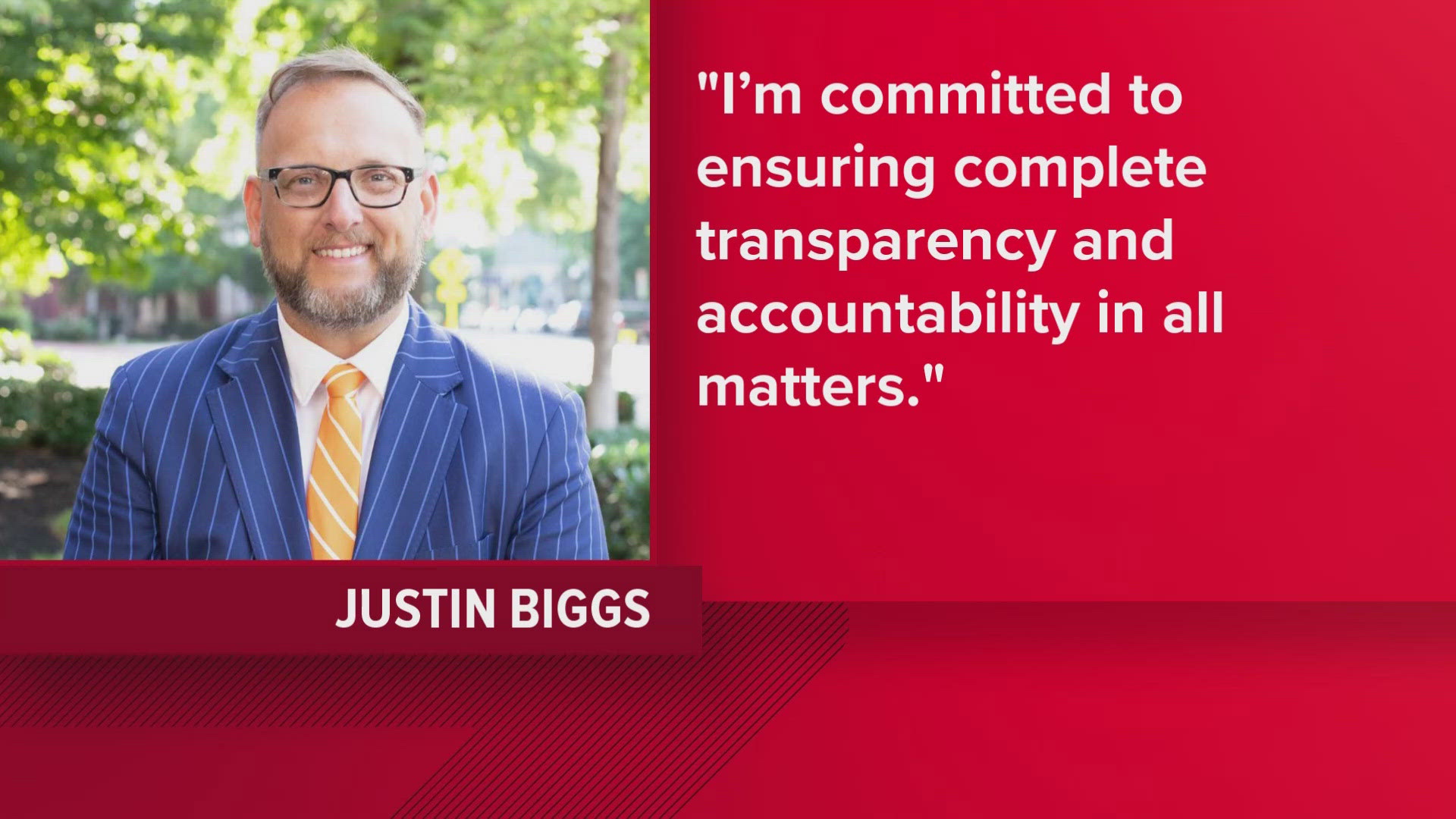 Justin Biggs said he takes responsibility for hotel expenses amid a state investigation, committing to transparency in taxpayer fund use.