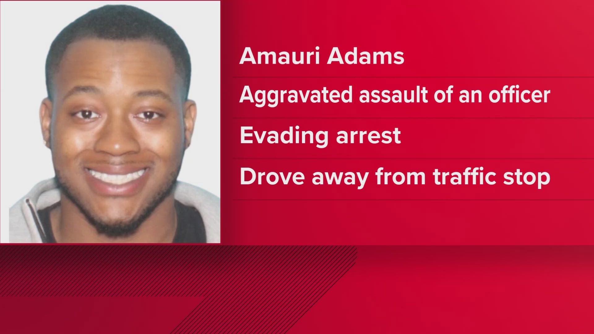Amauri Adams fled from a traffic stop after pushing two officers while they were trying to get him out of a vehicle, KPD said. 