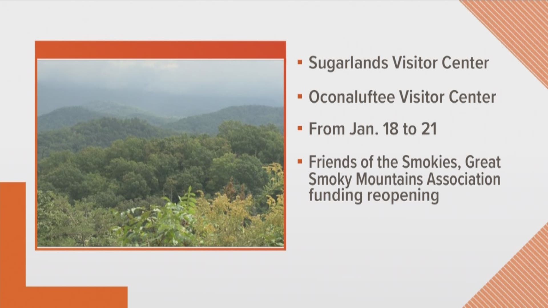 Friends of the Smokies will fund a temporary reopening of Sugarlands Visitor Center and Oconaluftee Visitor Center at the Great Smoky Mountains National Park for the Martin Luther King Jr. holiday weekend.