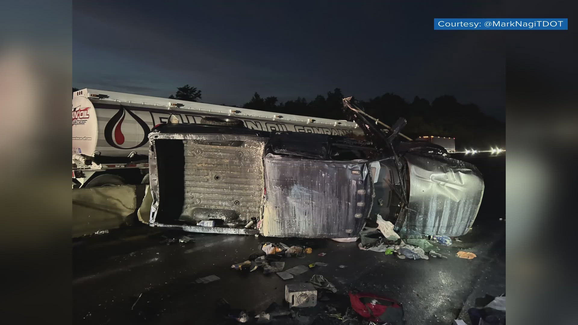 Images shared by the Tennessee Department of Transportation show large amounts of debris on the roadway along with an overturned truck.