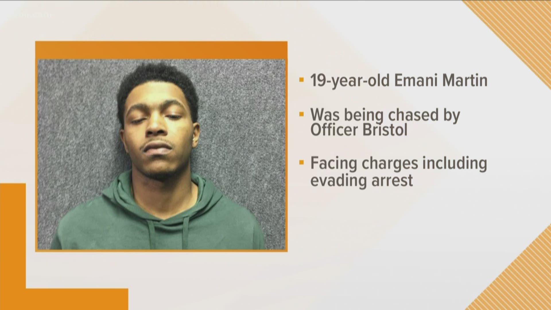 Emani Martin was the passenger in the vehicle that fled from Officer Spencer Daniel Bristol before he was struck by oncoming traffic on Monday night.