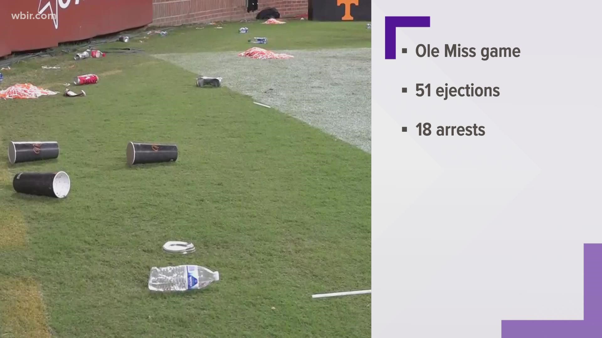 Most of the trouble came as fans tossed trash on the field following a key call on a fourth down play.