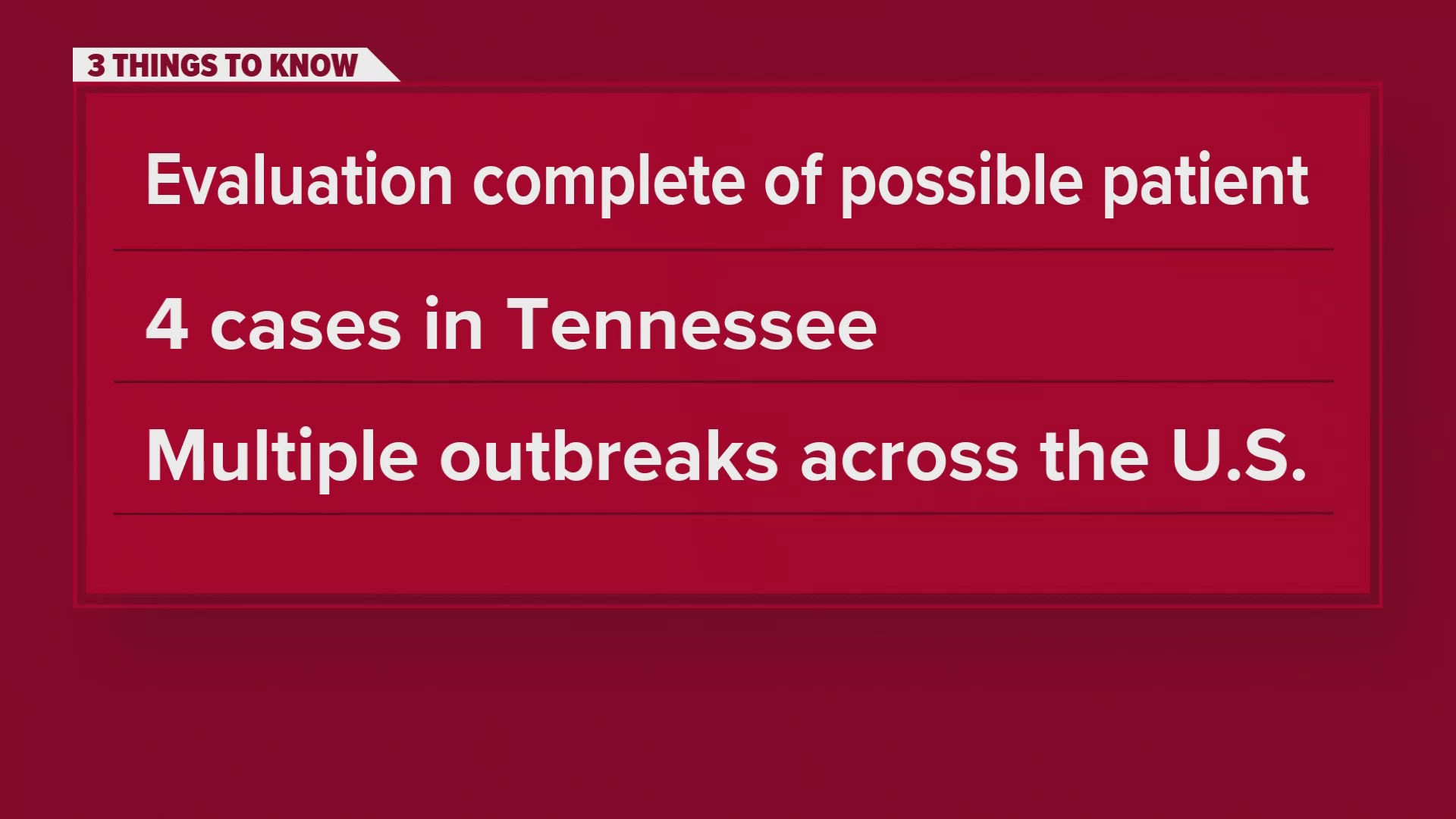 Tennessee health officials were evaluating one patient but said that the evaluation is complete and there are no cases. 