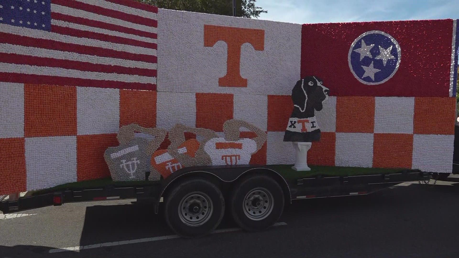 Fraternities and Sororities, along with other groups at the University of Tennessee, created homecoming floats using tissue paper, glue and plywood.