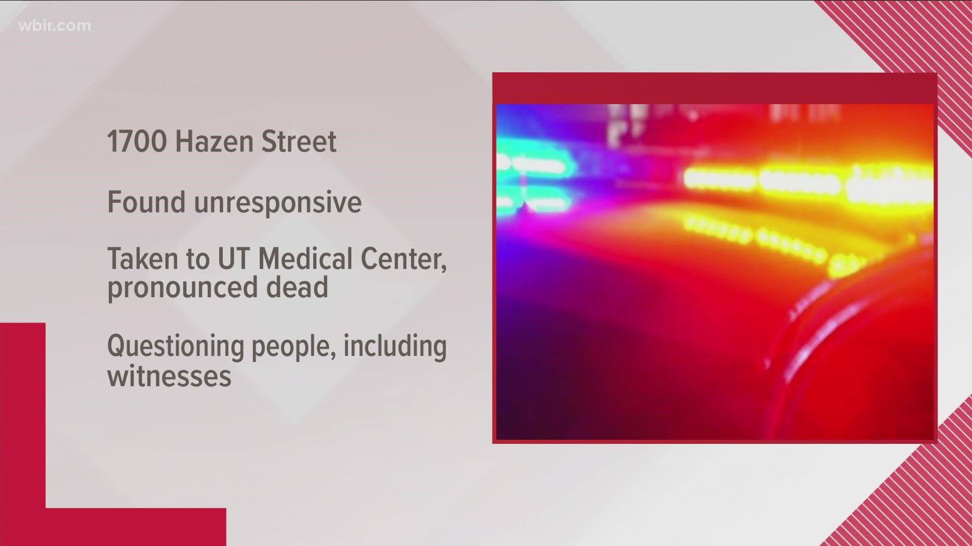 The victim was pronounced dead at UT Medical Center. KPD says multiple people, including witnesses, have been taken in for questioning.