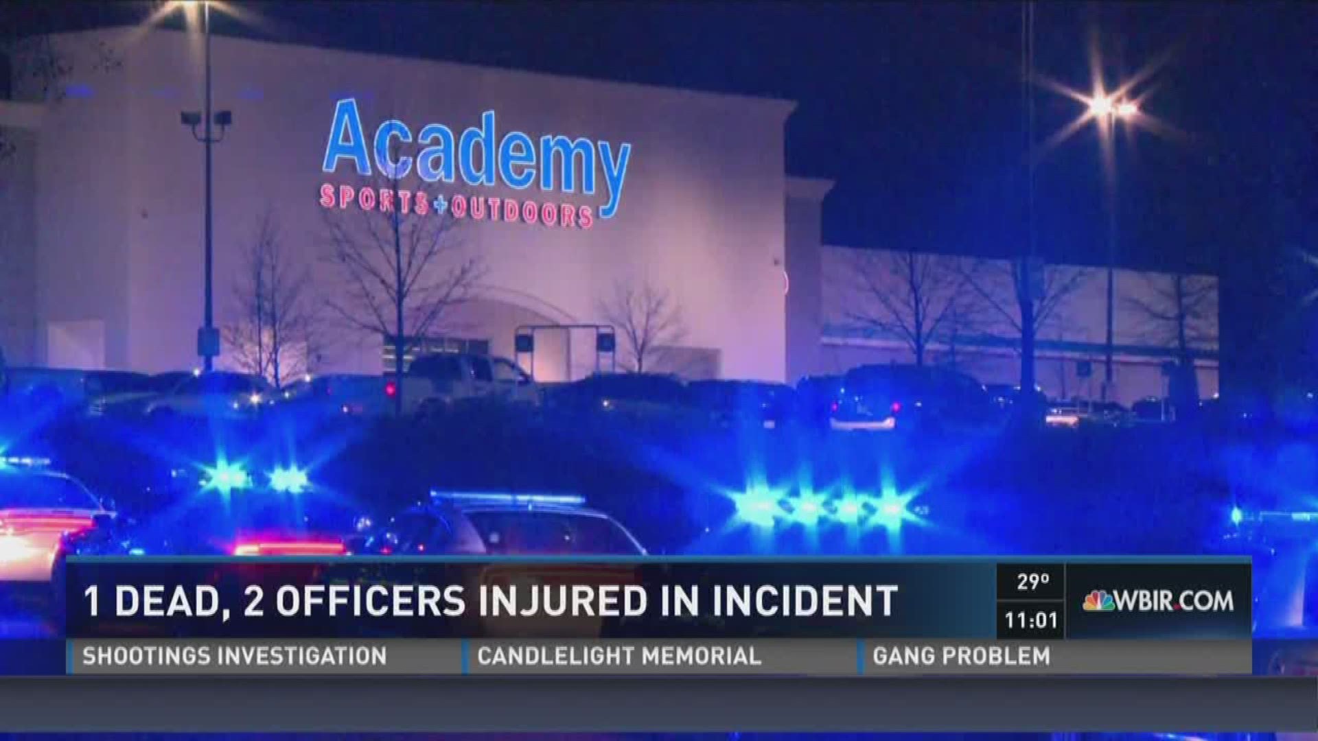 A shoplifting suspect is dead and two Knox County deputies were being treated for non life-threatening injuries after a confrontation outside Academy Sports in West Knox County. Dec. 18, 2015