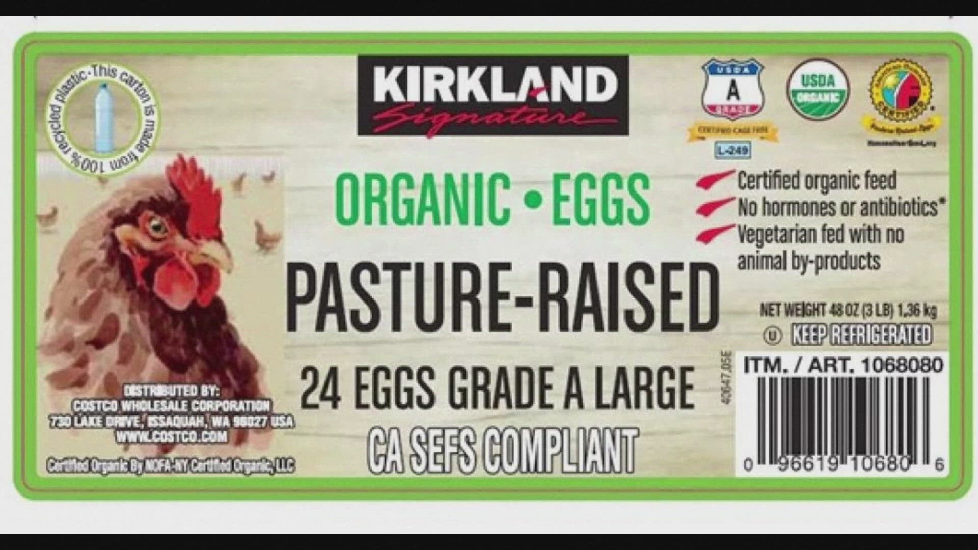 The eggs were sold in 24 packs by Kirkland Signature.