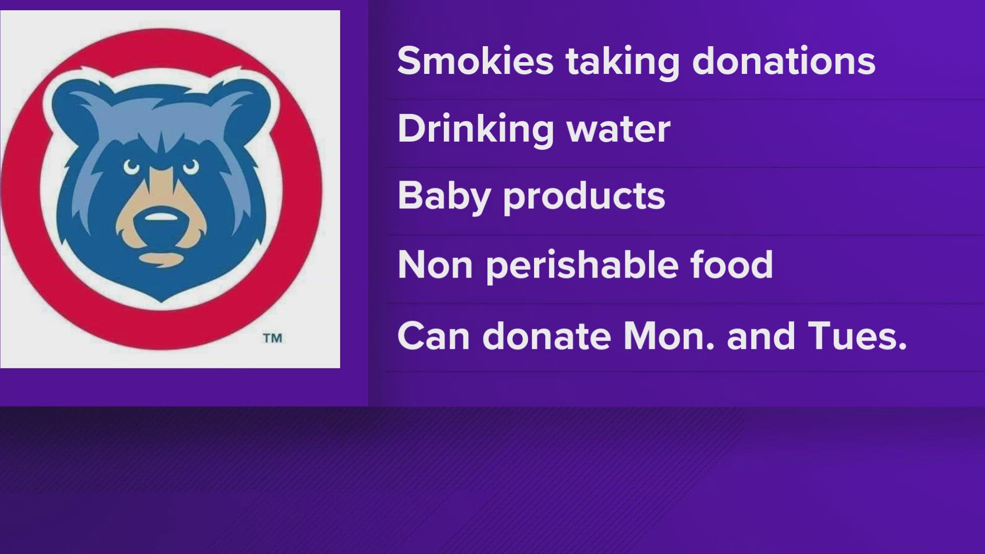 Food, water and clothes can be dropped off at Smokies Stadium on Oct. 7 and 8.