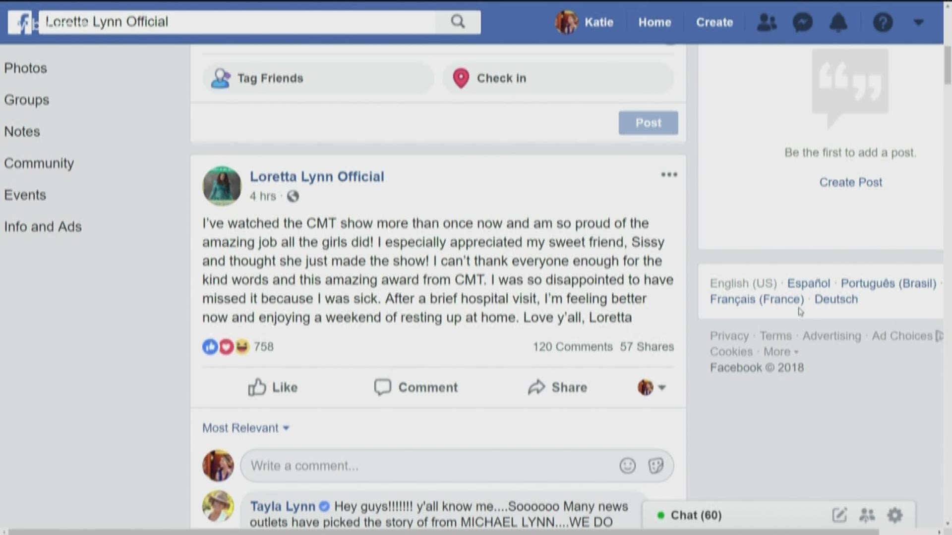 A Facebook post led to big news out of the music world today. Someone named Michael Lynn went to social media asking for thoughts and prayers for country music legend Loretta Lynn.