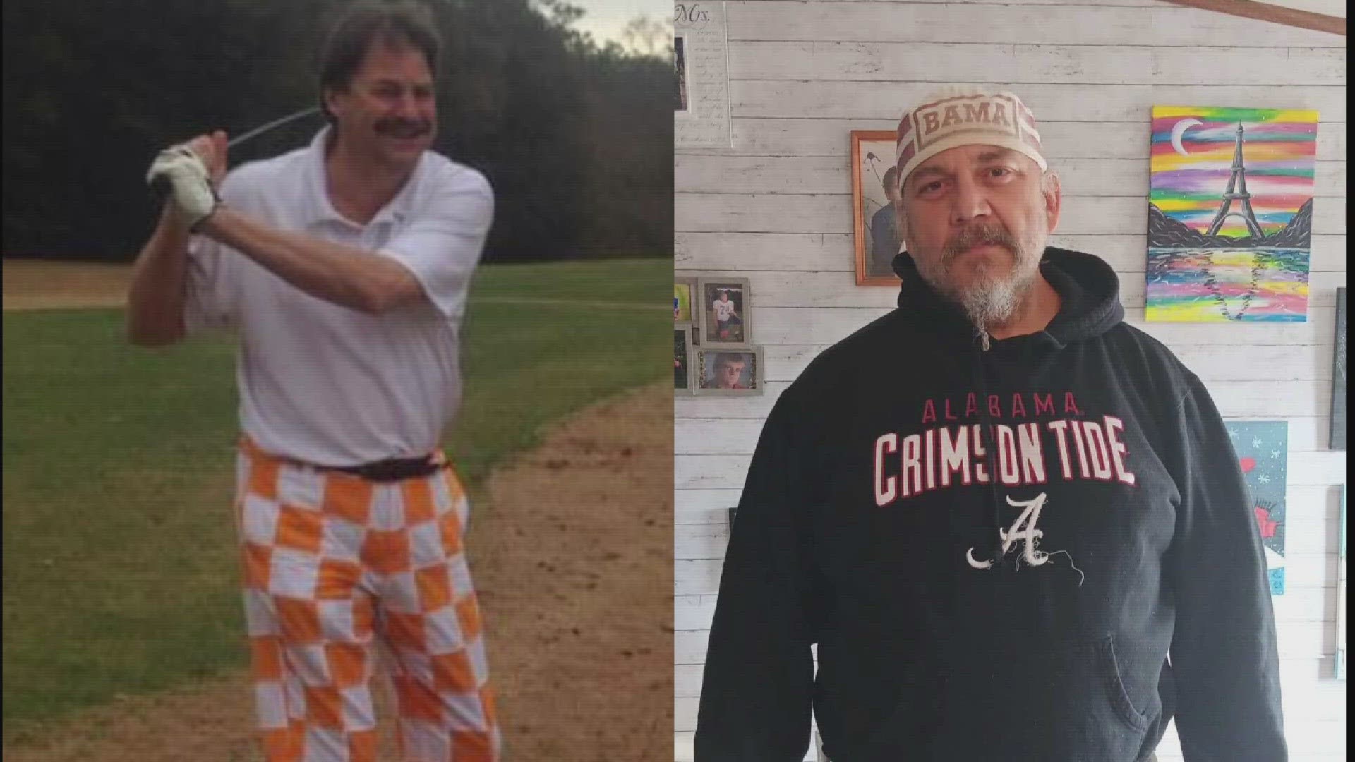 Two East Tennesseans show love for their teams in the Tennessee and Alabama rivalry, while in enemy territory.