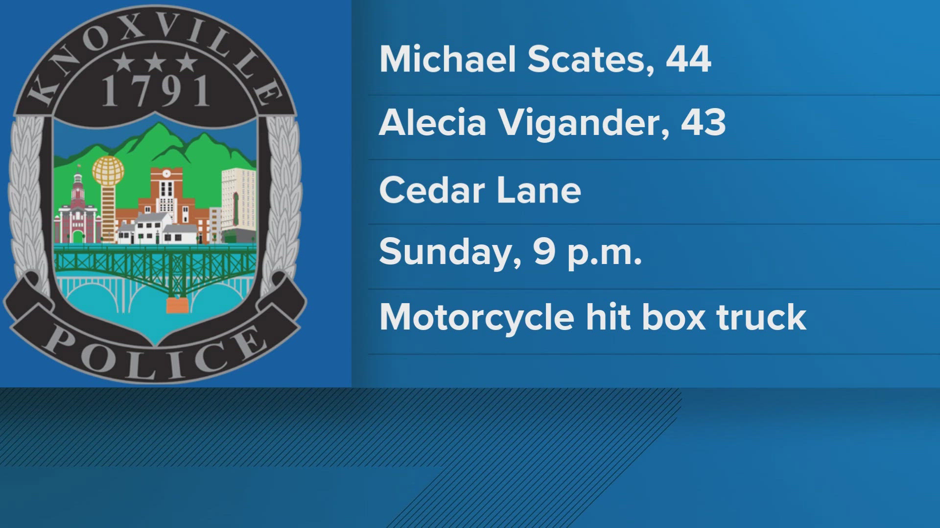 The Knoxville Police Department identified the two victims as 44-year-old Michael Scates and 43-year-old Alecia Vigander.