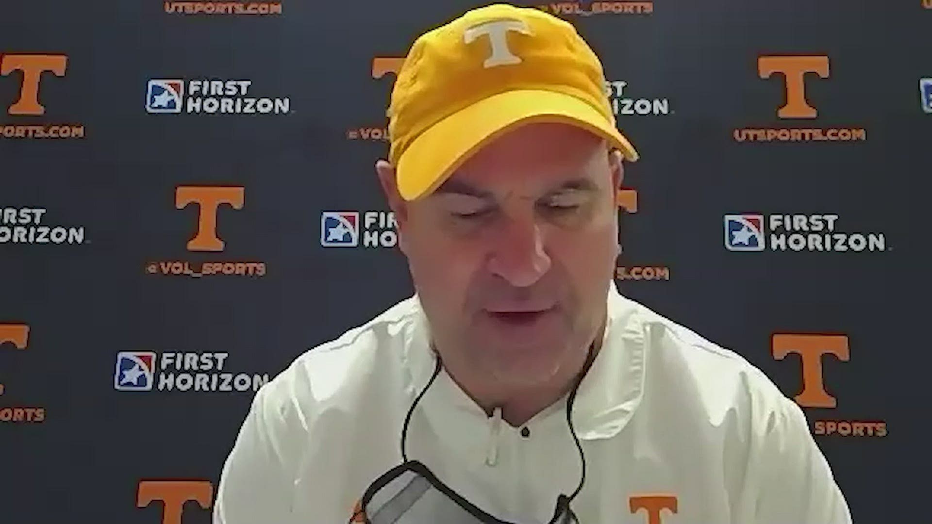 Tennessee head coach Jeremy Pruitt speaks to the media after the team's 30-17 loss to No. 23 Alabama.