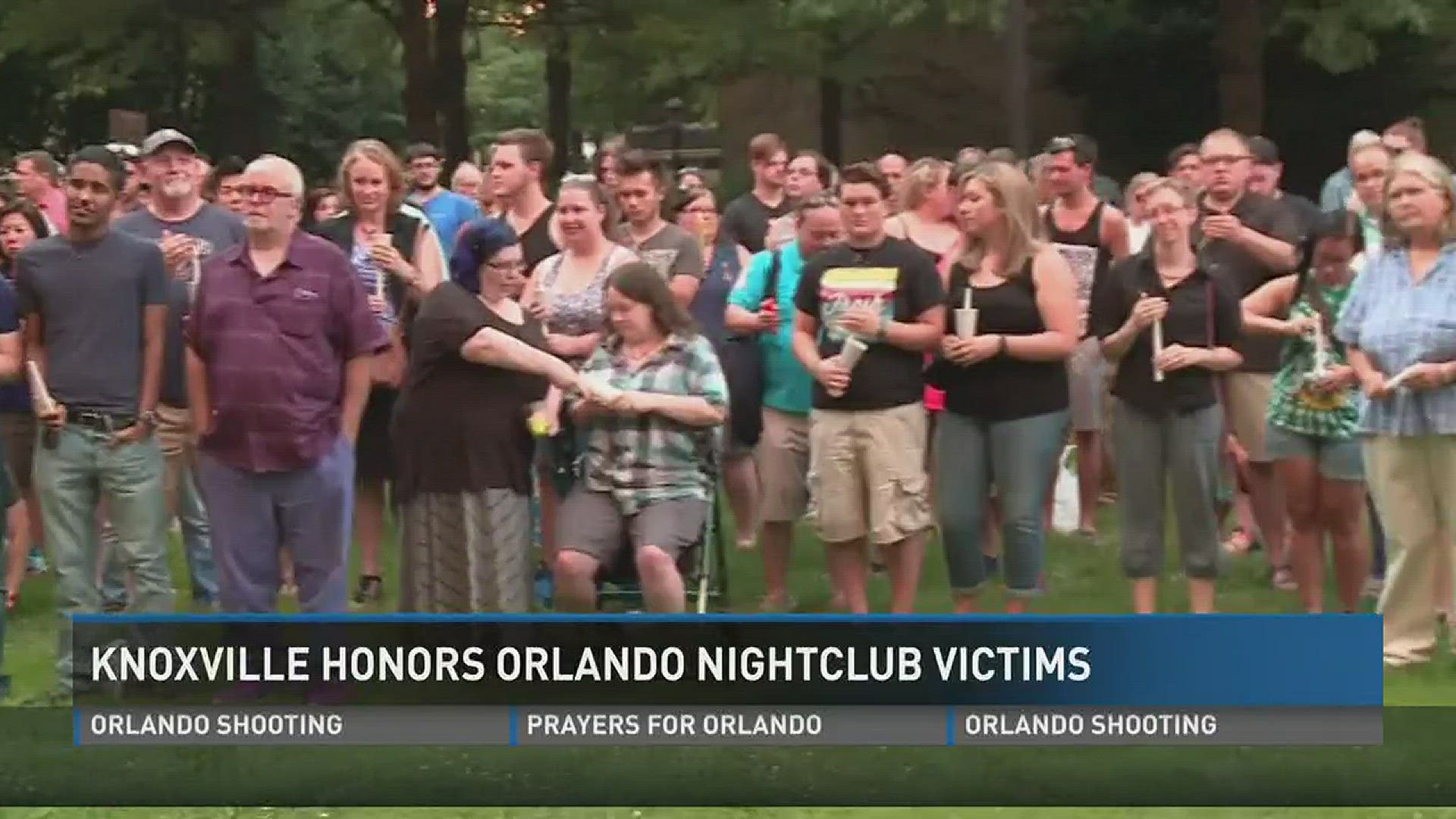 Hundreds gathered in Krutch Park to honor the victims killed in an Orlando nightclub shooting.