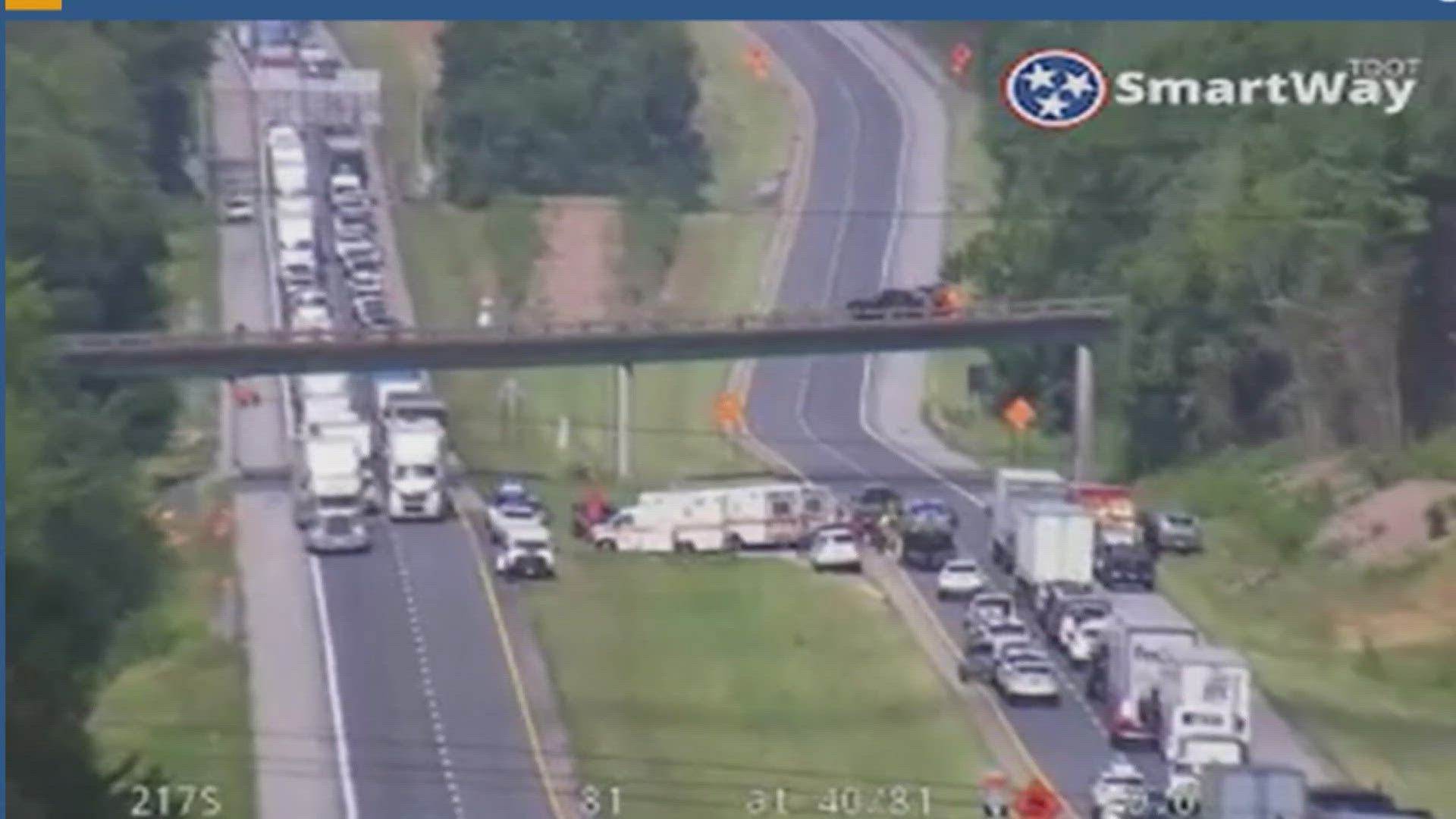 THP said four children and four adults were taken to UT Medical Center after a crash between a minivan and a pickup truck on I-81 Tuesday afternoon.