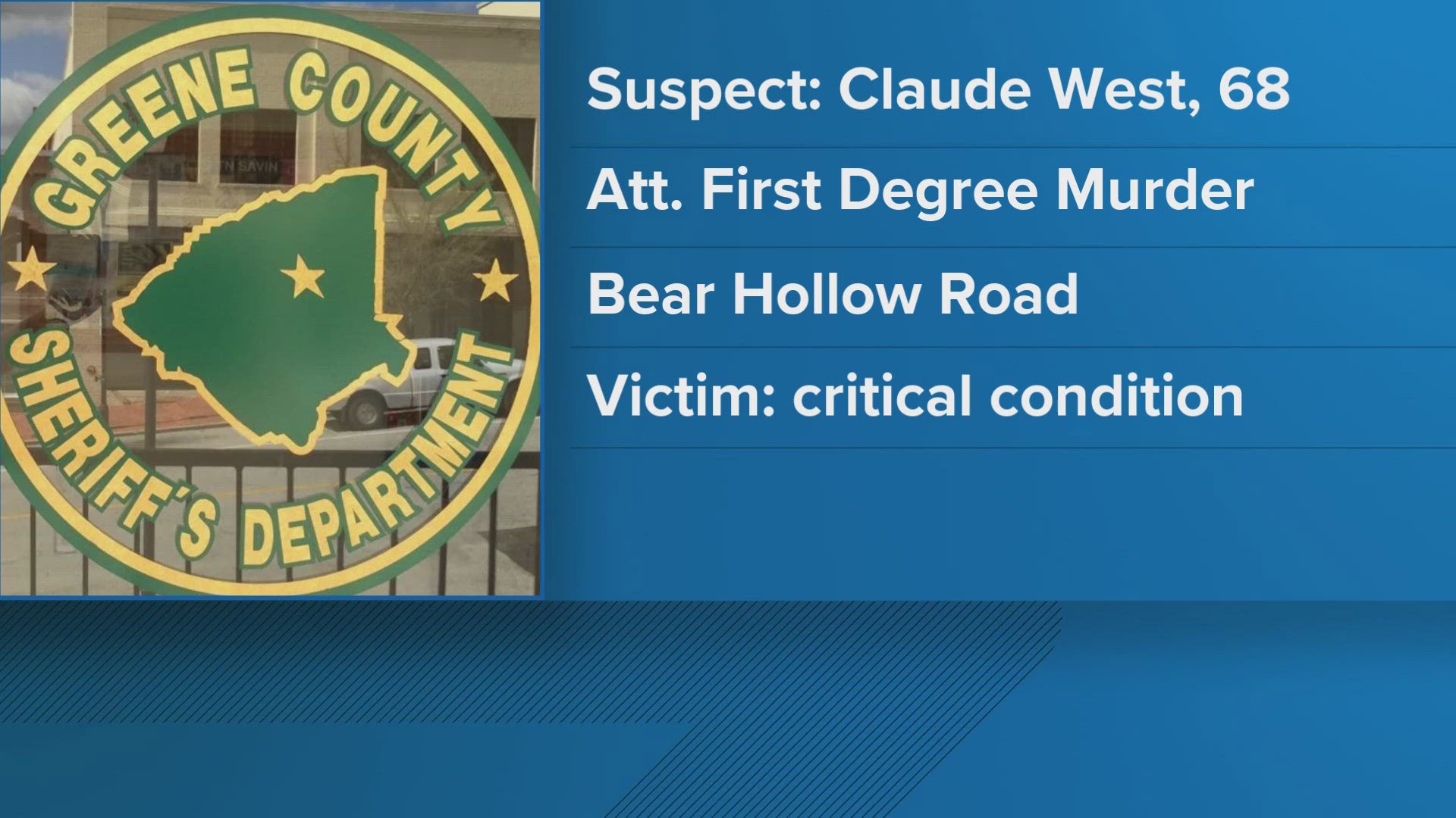 Greene County Deputies say Claude West shot another man several times. It happened around seven last night on Bear Hollow Road in northern Greene County.