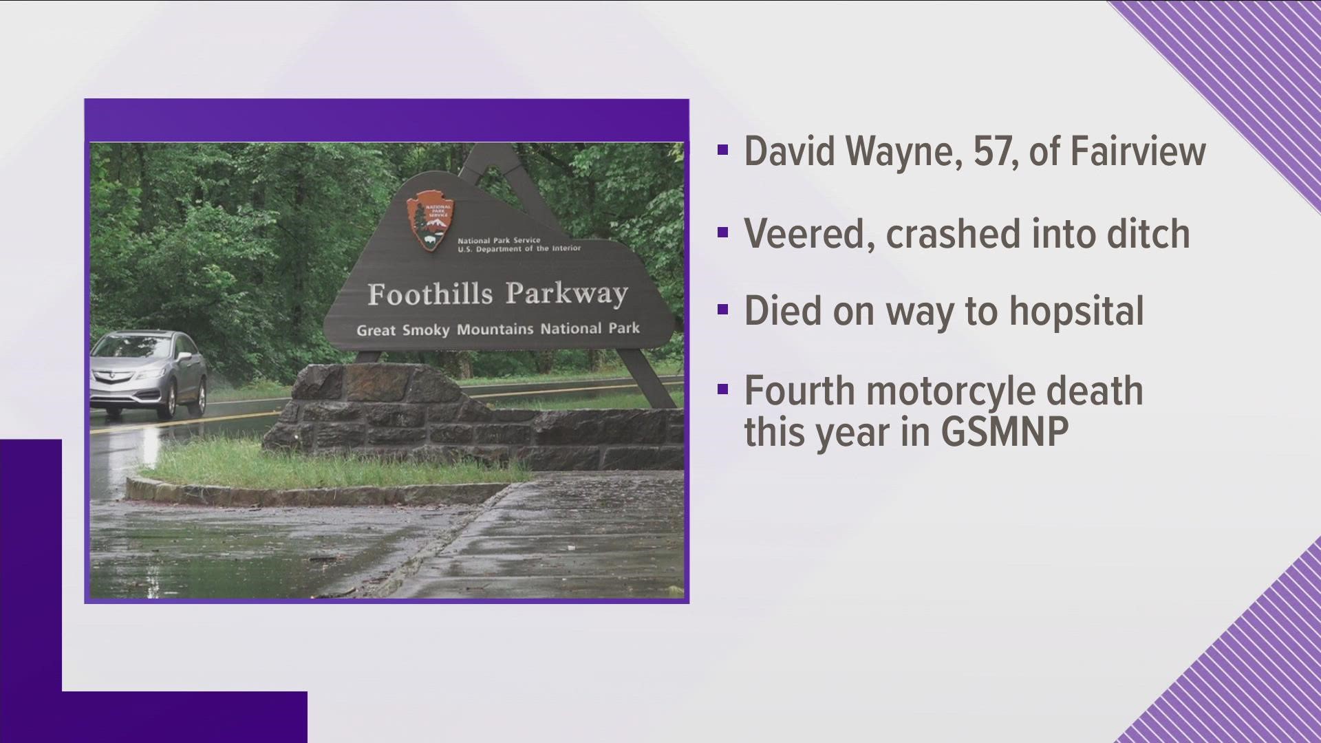 Rangers said that David Wayne, 57, from Fairview, crashed on Foothills Parkway between Walland and Wears Valley.