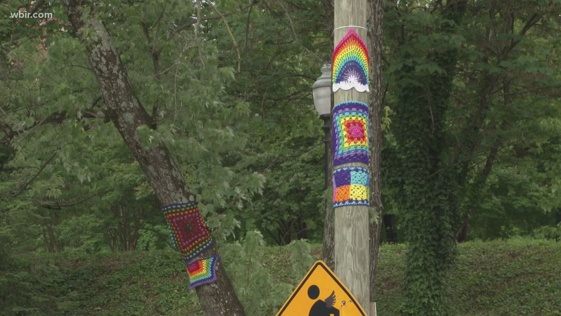 Near UT's campus, there is a little bit more color after a student put "yarn bombs" on poles in the area.