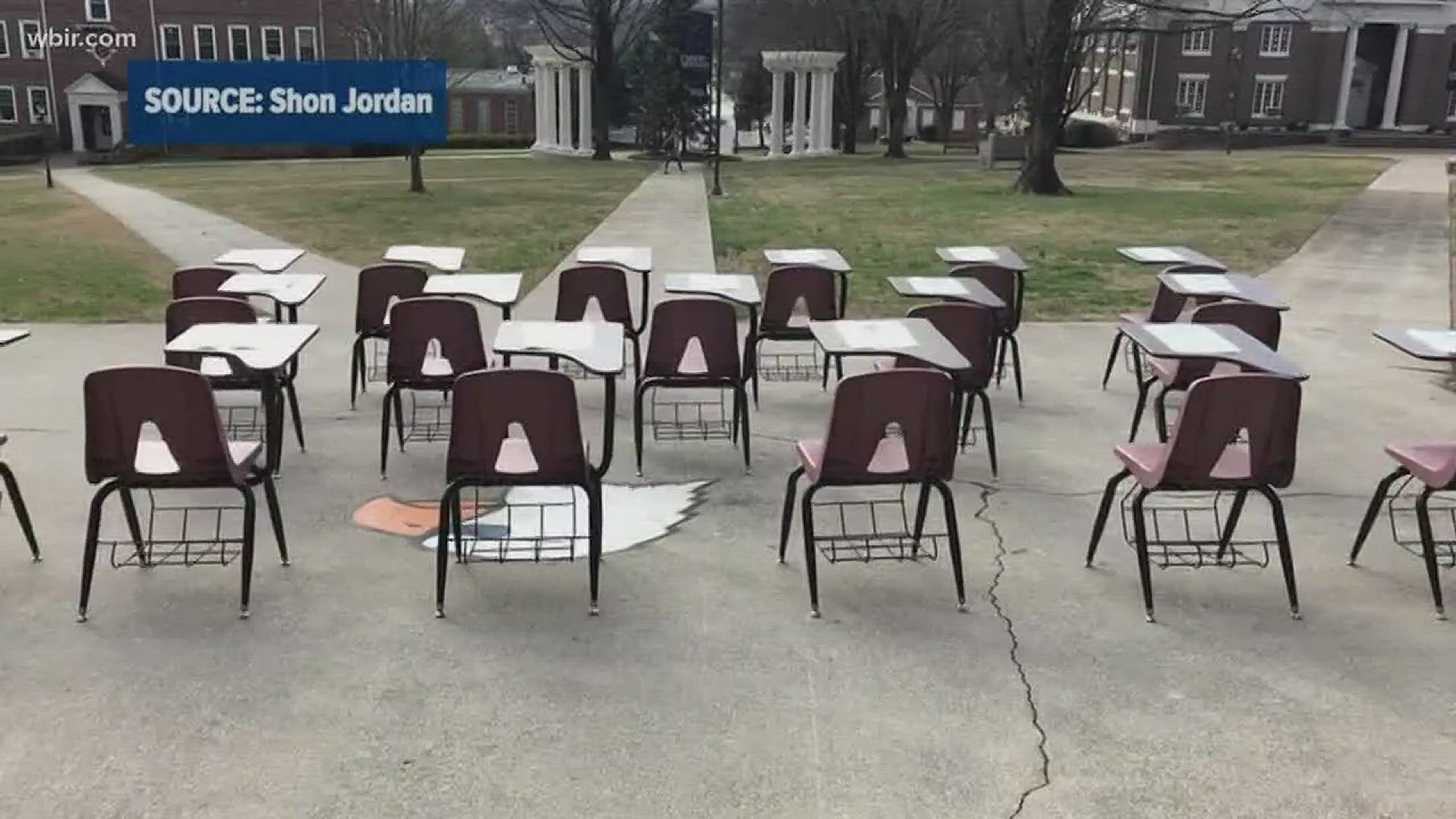 Feb. 20, 2018: A Carson-Newman University student used 17 empty desks to urge conversations about gun violence after a mass shooting at a Florida high school.