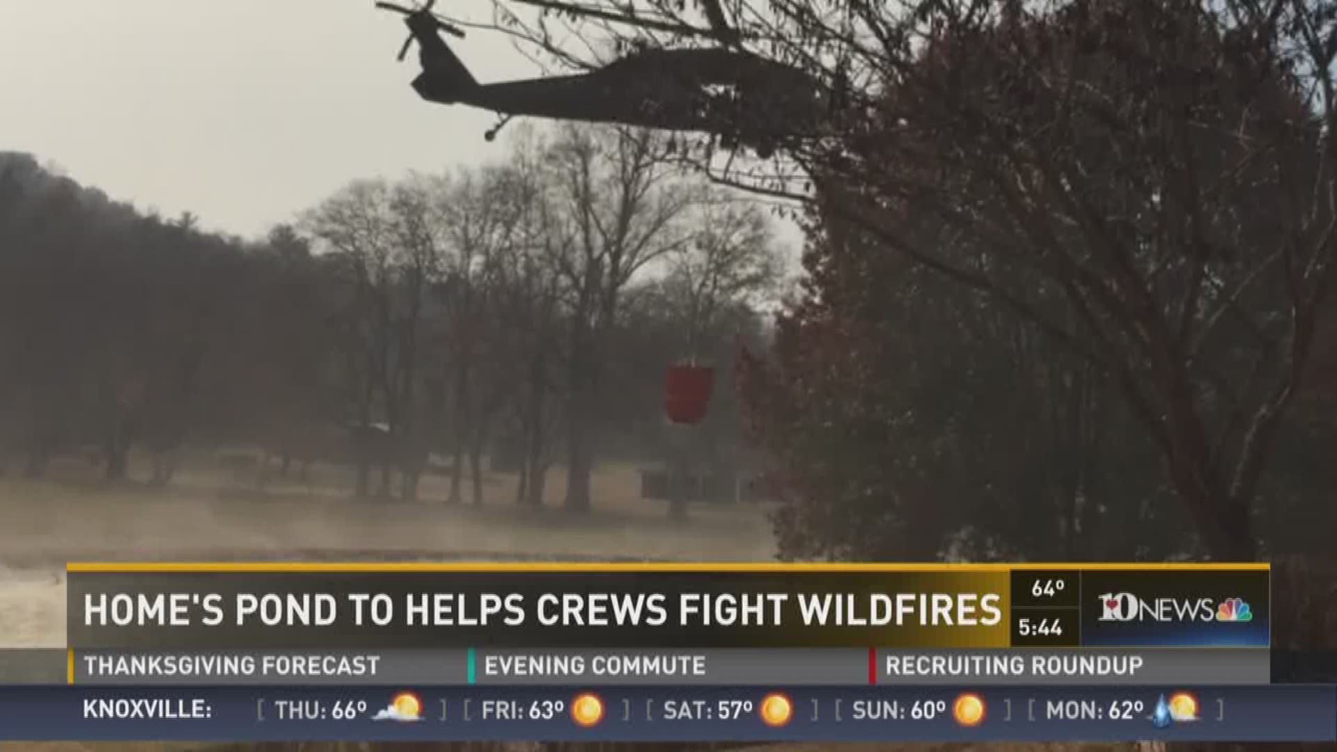 Nov. 23, 2016: When helicopters fighting wildfires took the water from a backyard pond in Walland, the family ran several hoses from their home to help keep the water supply replenished for fire crews.
