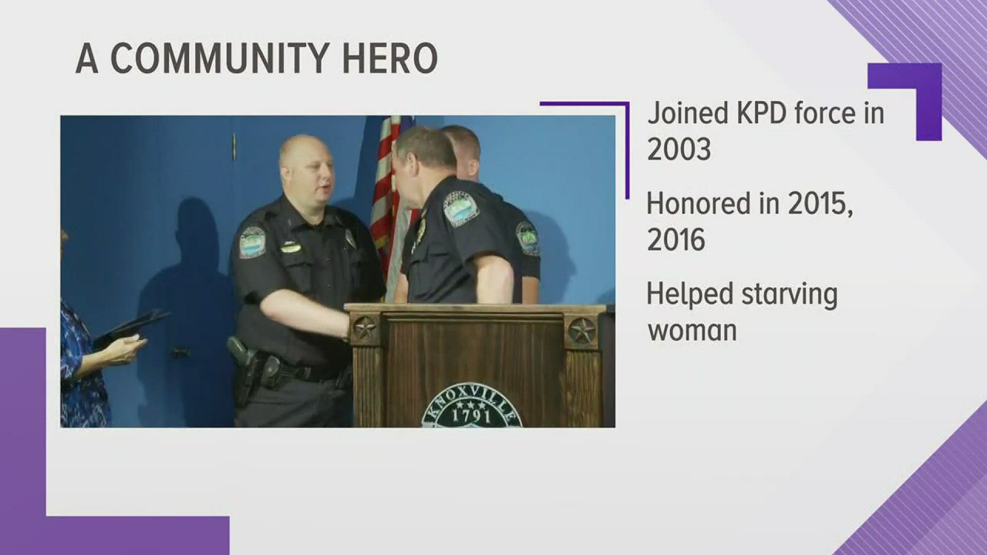 Officer Jay Williams has been serving his community for more than 14 years after joining the Knoxville police force in Nov. 2003. During his time as a KPD officer, Williams has been noted for his compassion and service within the community.