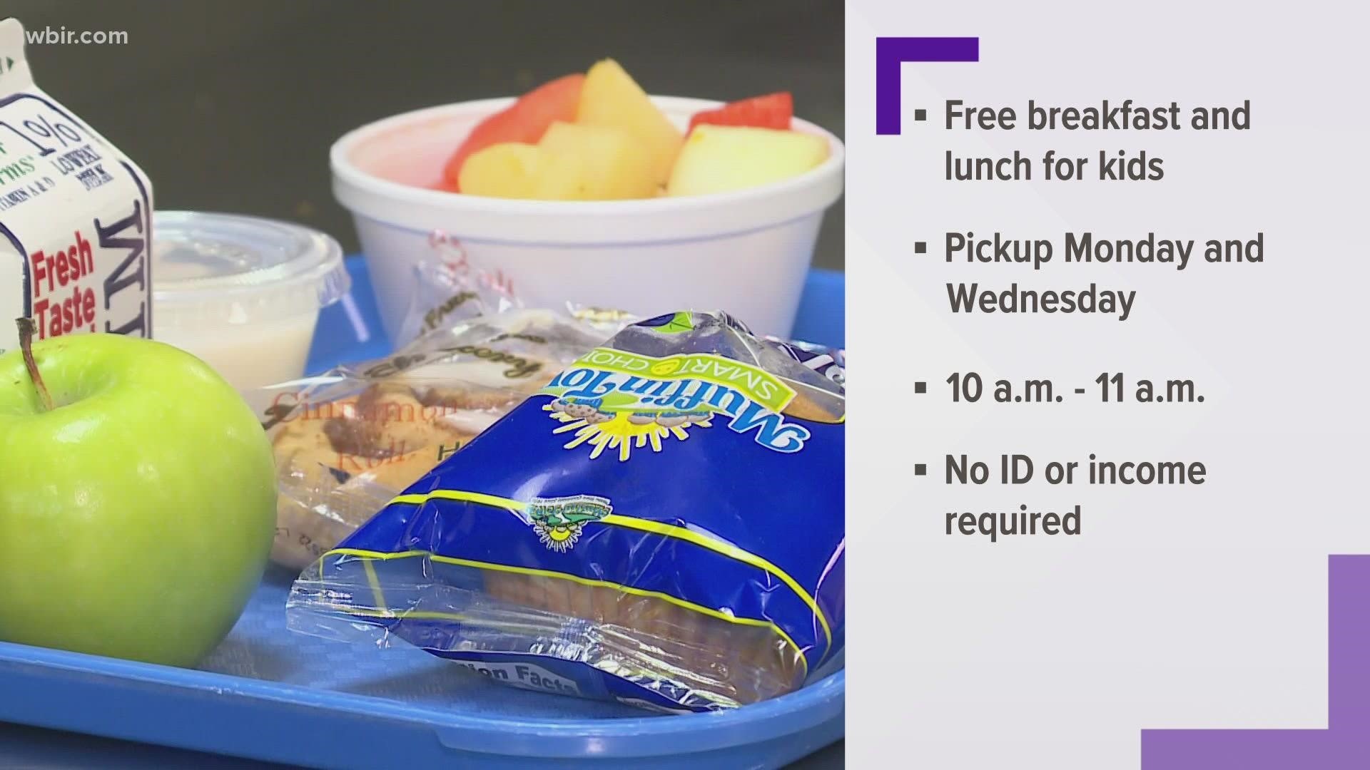 Meals will be served on Mondays and Wednesdays from 10 to 11 a.m. at several elementary and middle schools in the county.