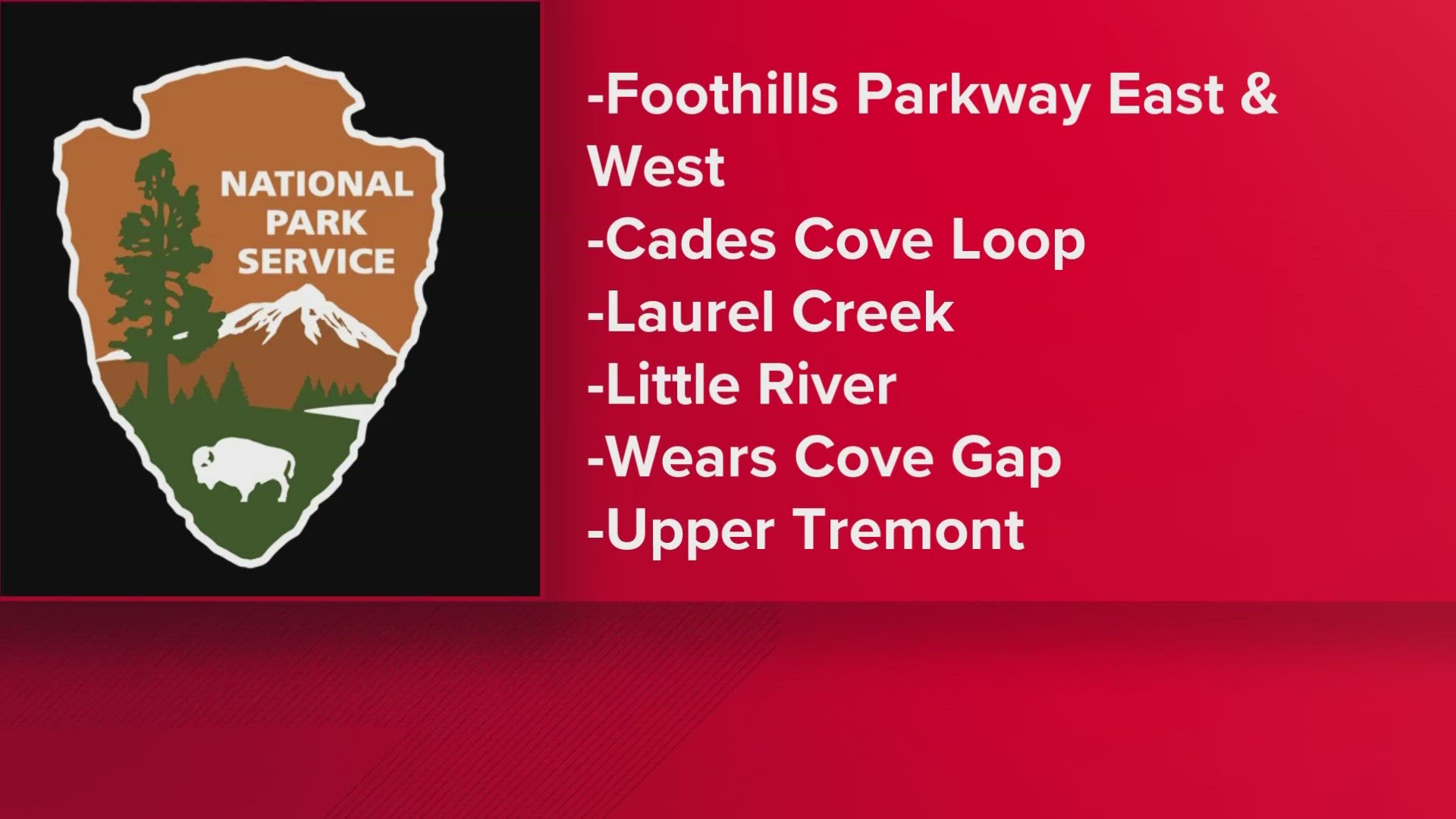 Roads include the Foothills Parkway, Cades Cove Loop Road and others.