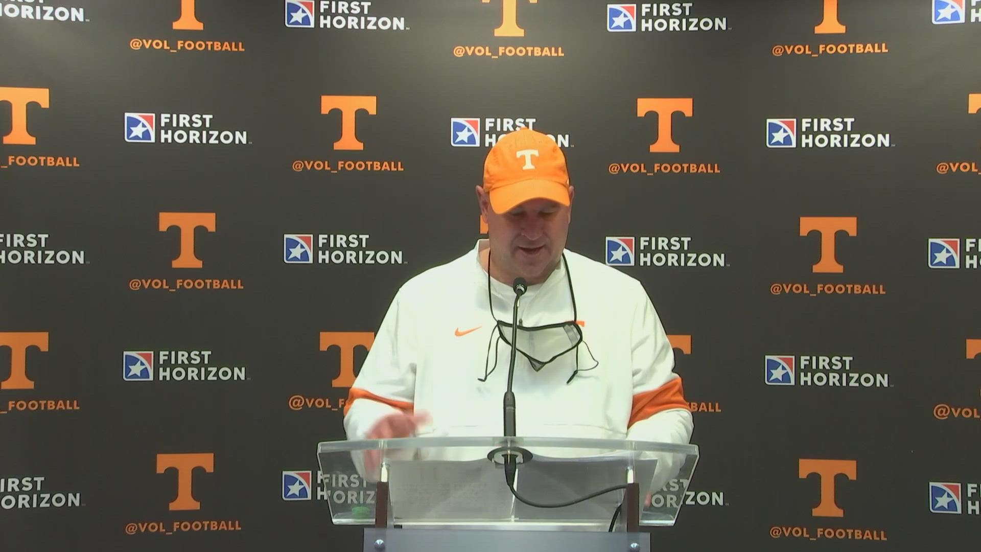 Tennessee head coach Jeremy Pruitt speaks with the media following UT's 34-13 loss to Texas A&M.