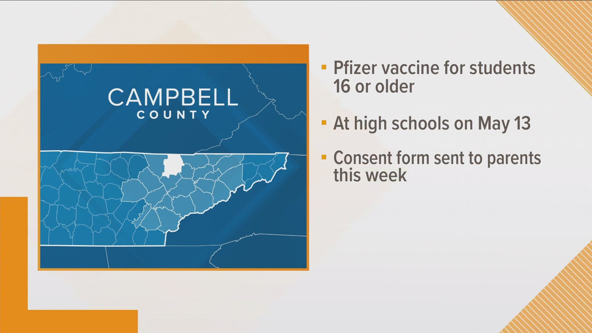 On May 13, the school district will offer the Pfizer vaccine for students 16 and older at Jellico and Campbell County high schools.