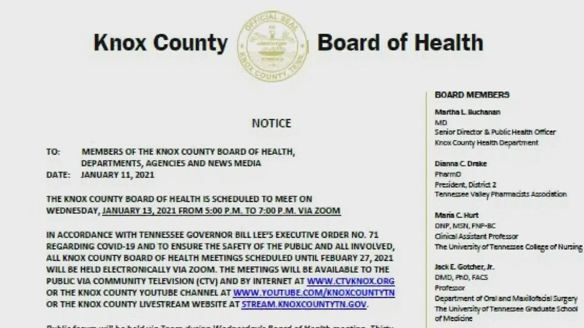 The Knox County Board of Health will meet Wednesday, Jan. 13 at 5 p.m. via Zoom.