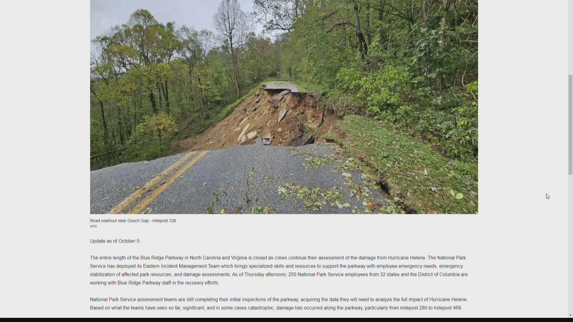 Officials said National Park Service employees from 32 states and the District of Columbia were working to fix the road.