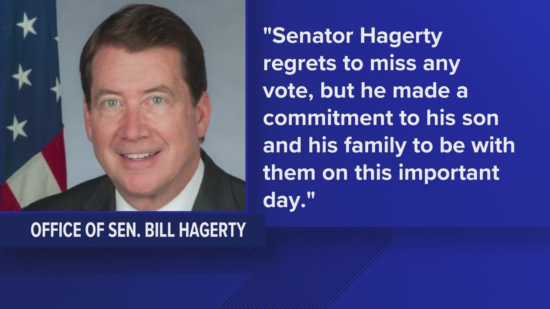 Sen. Hagerty's office released a statement that said he "made a commitment to his son and his family to be with them on this important day."
